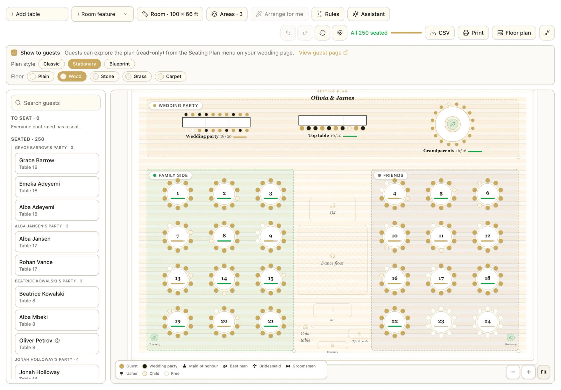 The seating planner for a 250 guest wedding: the guest list on the left grouped by invitation with each guest's table, beside a floor plan of round tables arranged into wedding party, family and friends areas.