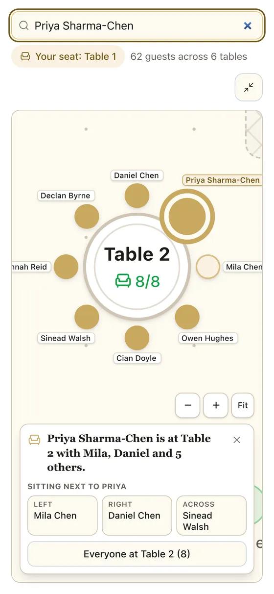 A guest's phone with a name typed into the Find your seat search box, the plan zoomed to Table 2 with her chair highlighted, and a card listing who sits on her left, on her right and across from her.