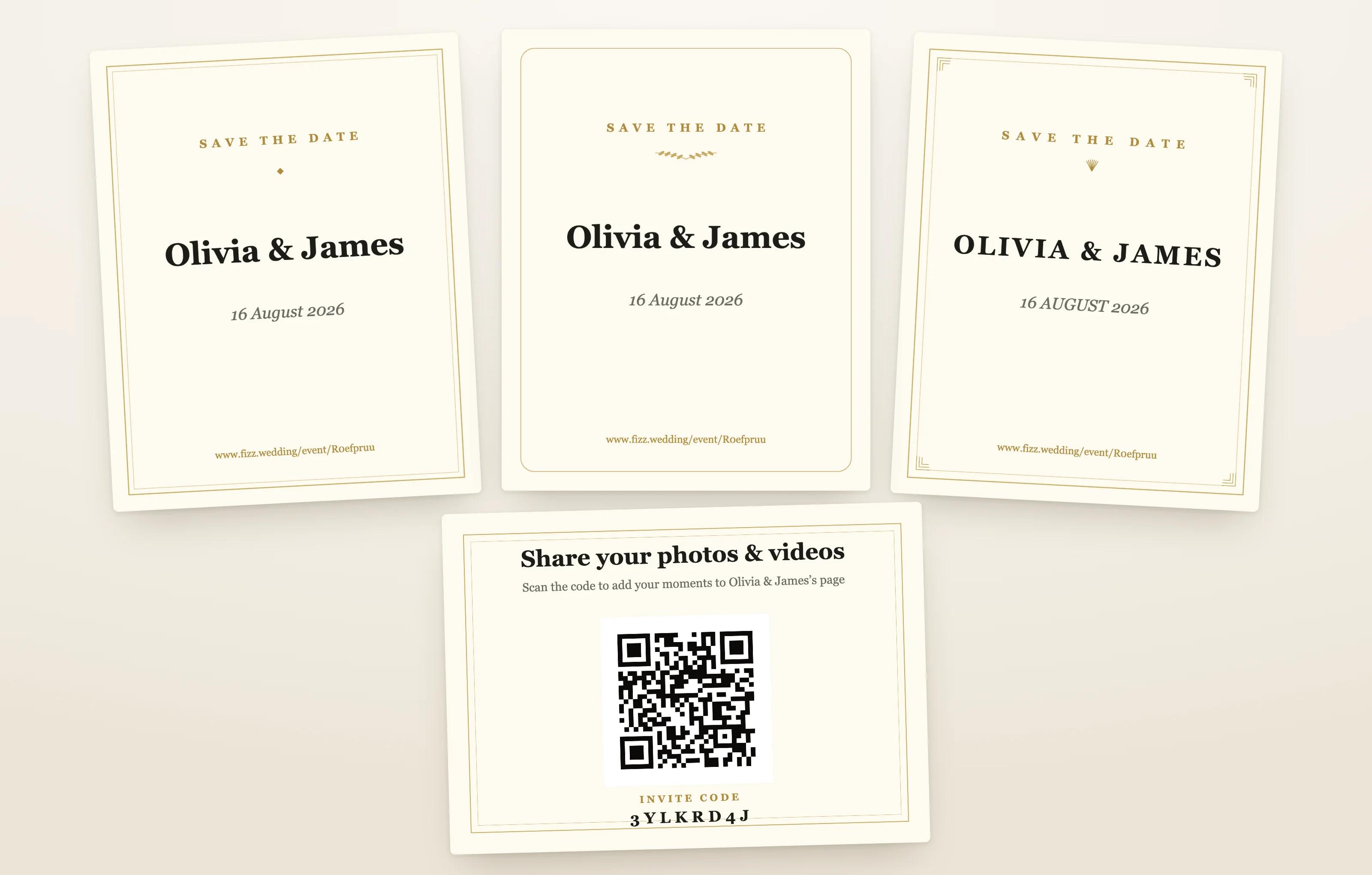 Save-the-date cards in three of Fizz's five styles beside a printable QR table card, all made from one couple's details