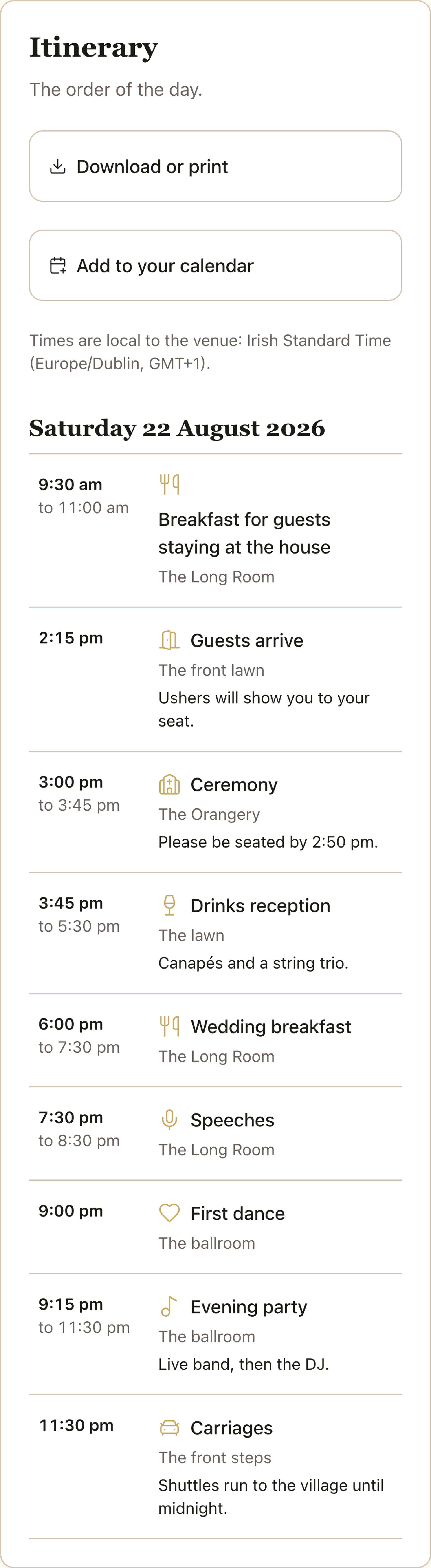 The wedding page Itinerary on a phone as a guest with no wedding party role sees it: Download or print and Add to your calendar buttons, then the shared items of the day only, from breakfast to carriages.