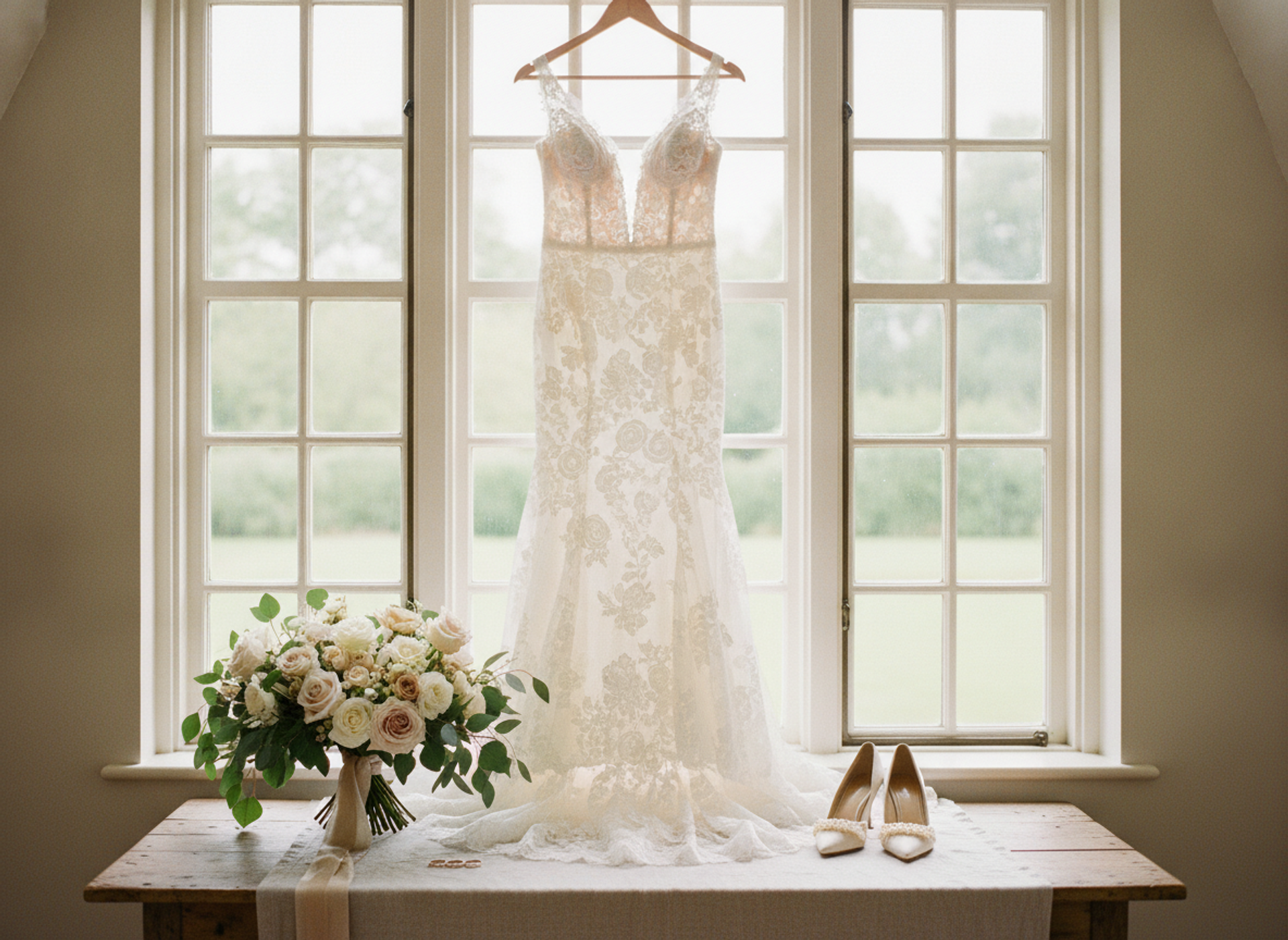 Olivia's ivory lace wedding gown hanging in a sunlit window, with her bouquet, heels and wedding bands on the table below