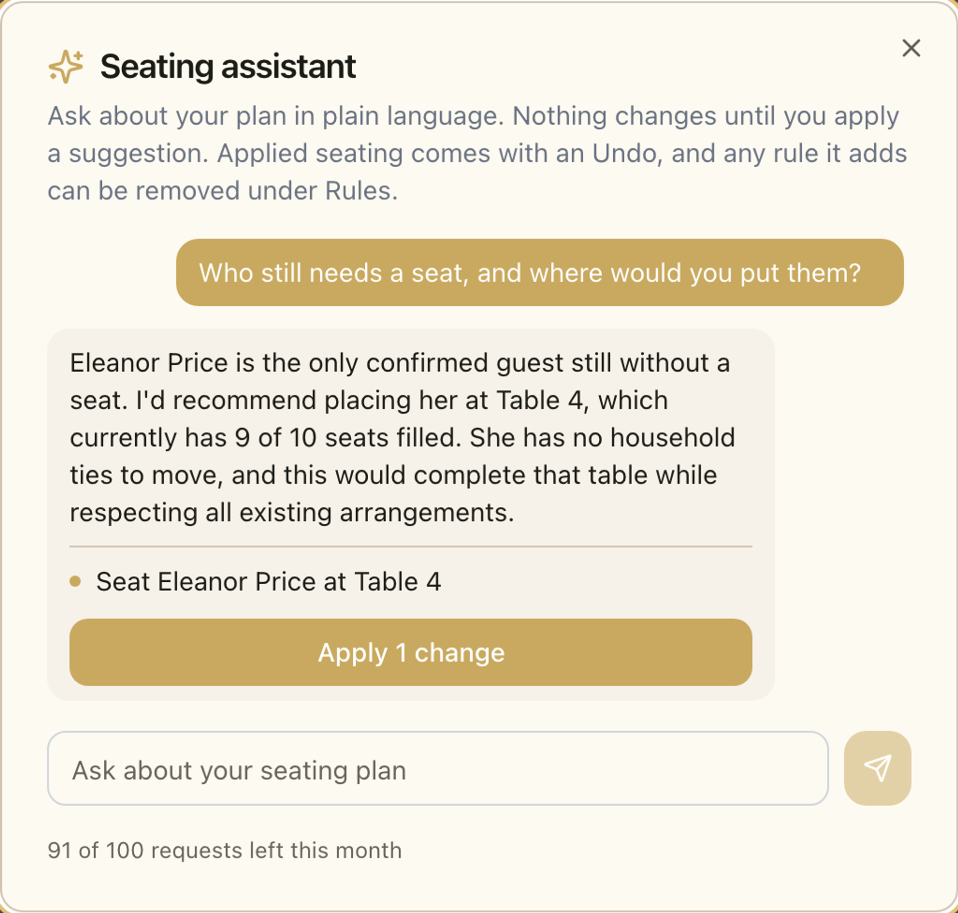 The seating assistant answering who still needs a seat and proposing the change, with an Apply button