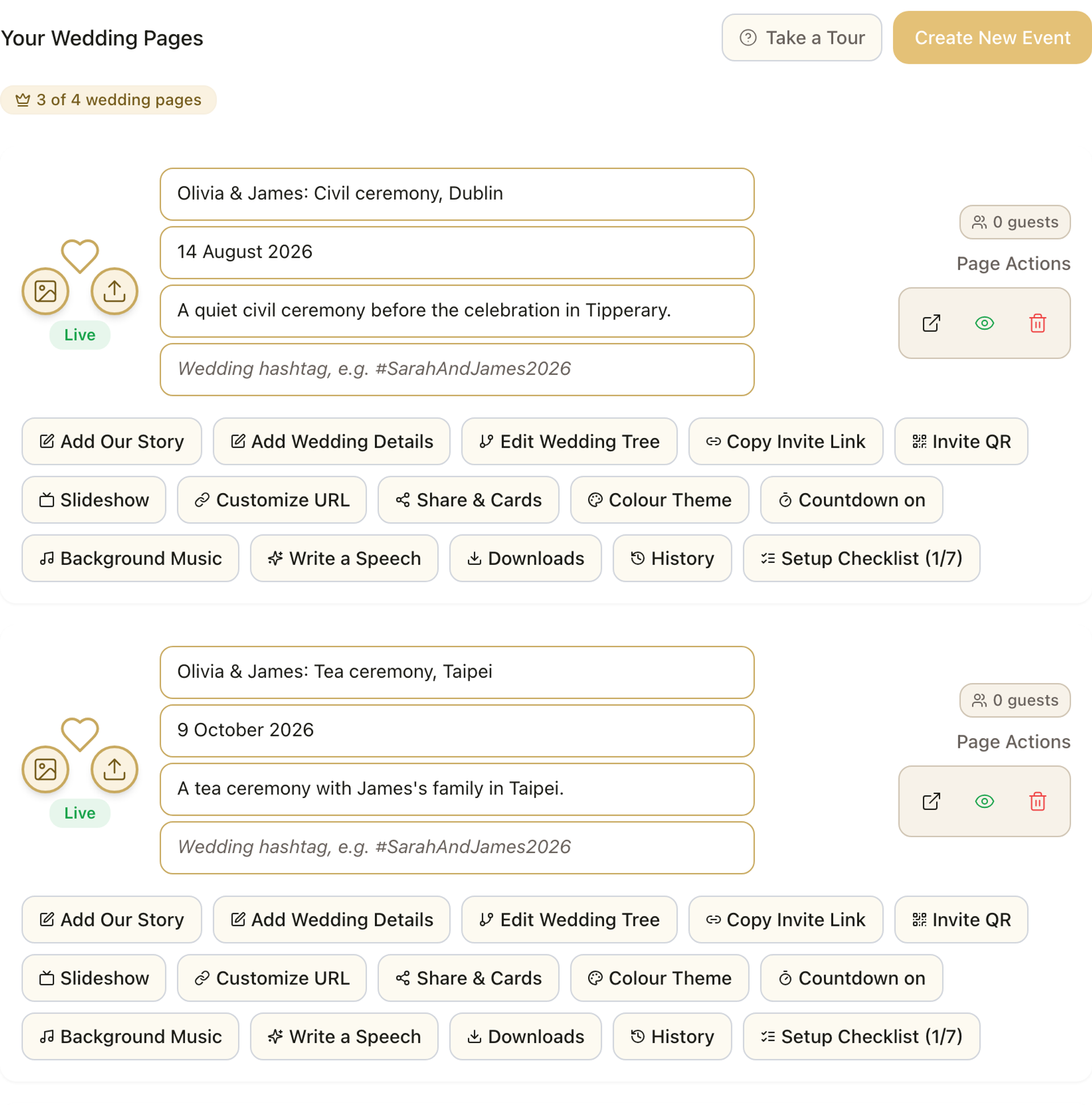 The Fizz account page listing two of a couple's three wedding pages, a civil ceremony in Dublin and a tea ceremony in Taipei, with a "3 of 4 wedding pages" counter and each page's own guest count and set of tools
