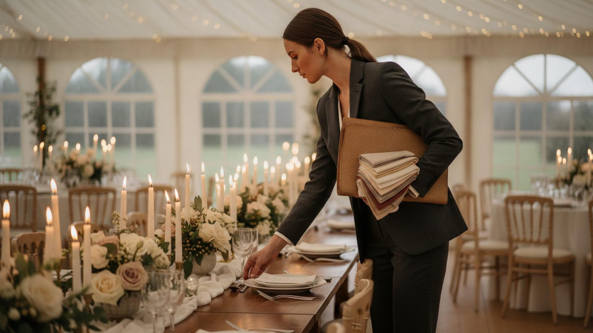 A wedding planner adjusting place settings on a candlelit banquet table in an elegant marquee