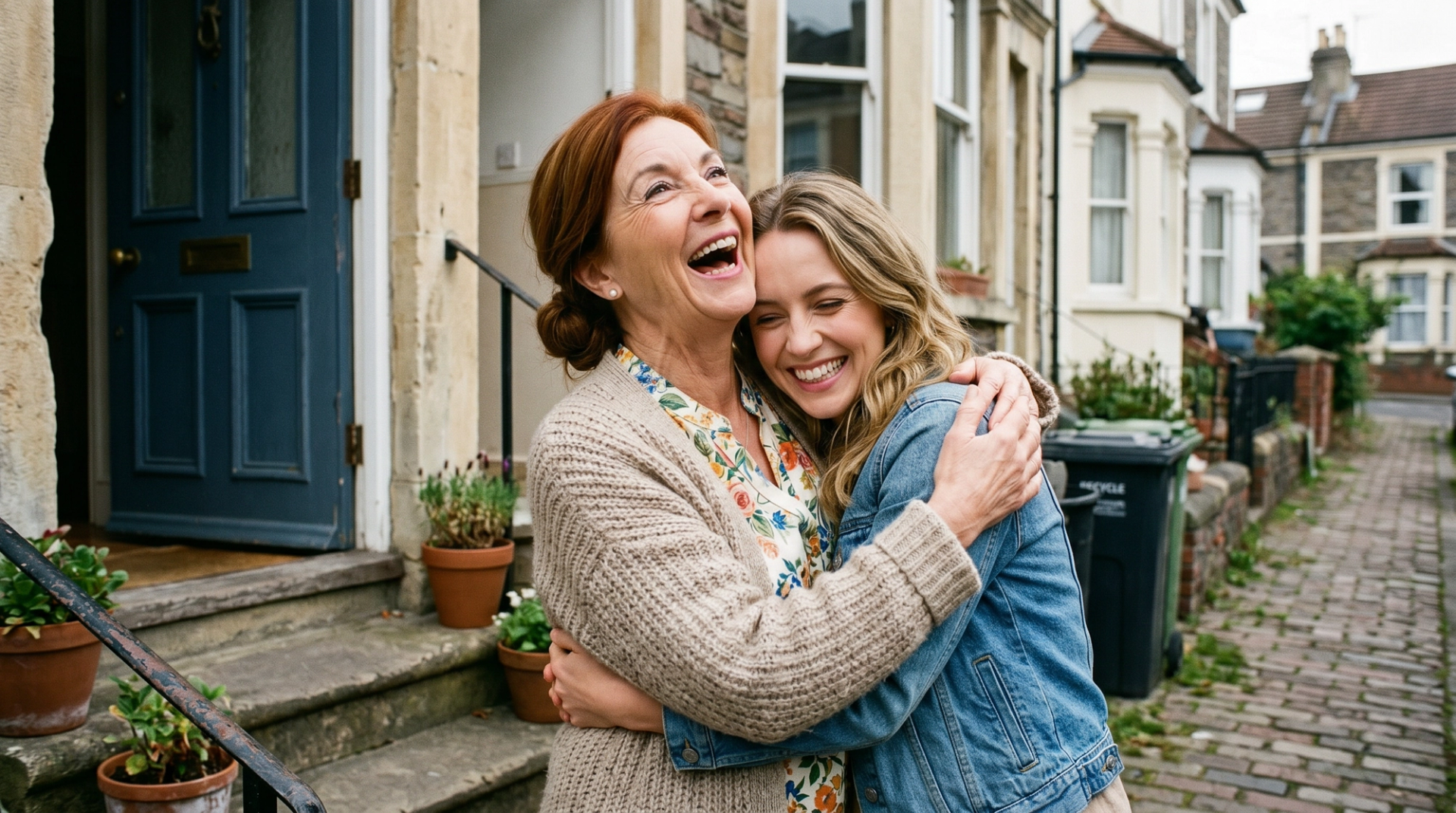 Susan and Olivia hugging on the Bristol kitchen stoop, both laughing