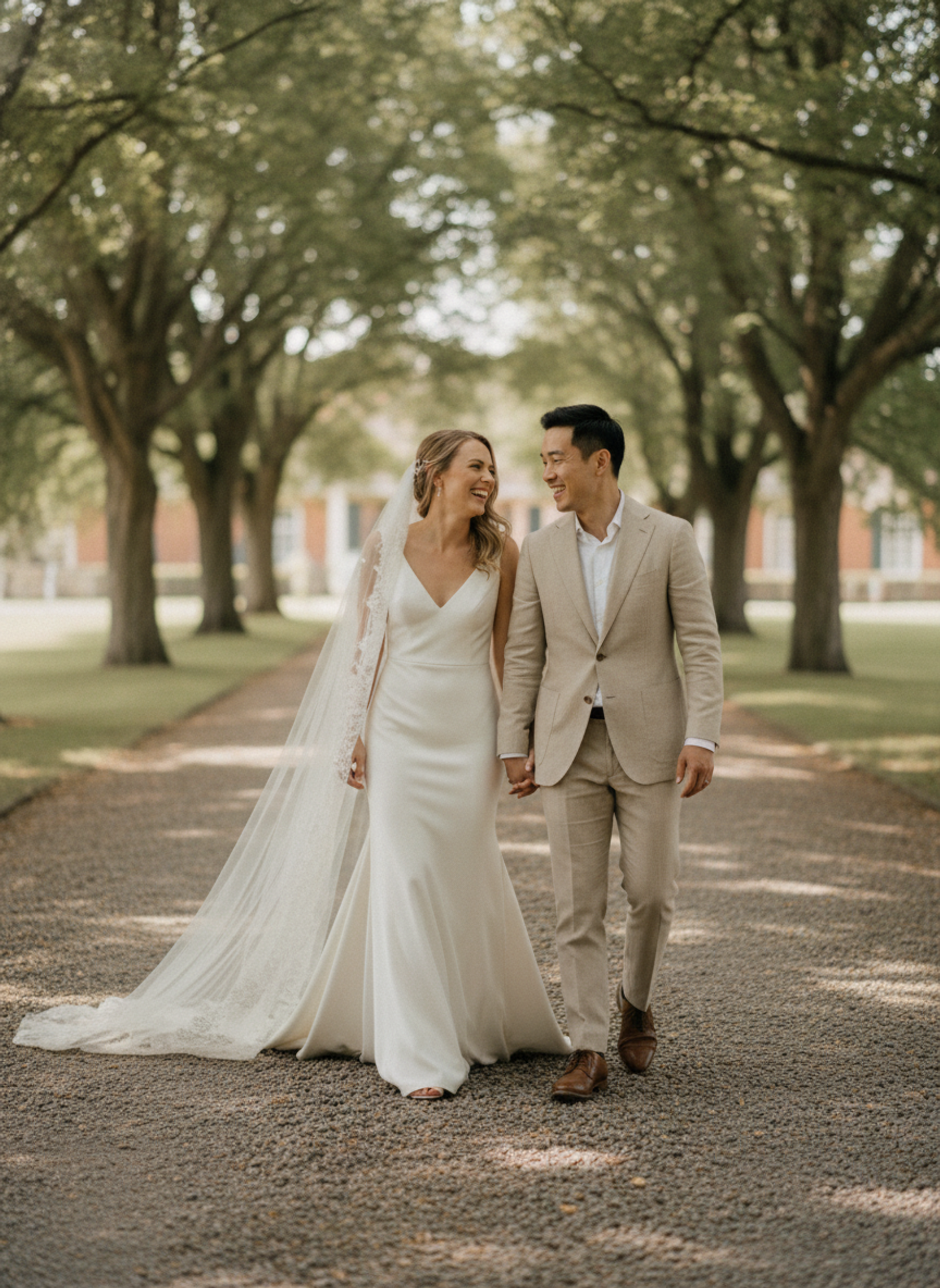 Olivia and James, newly married, walking a tree-lined avenue in the grounds