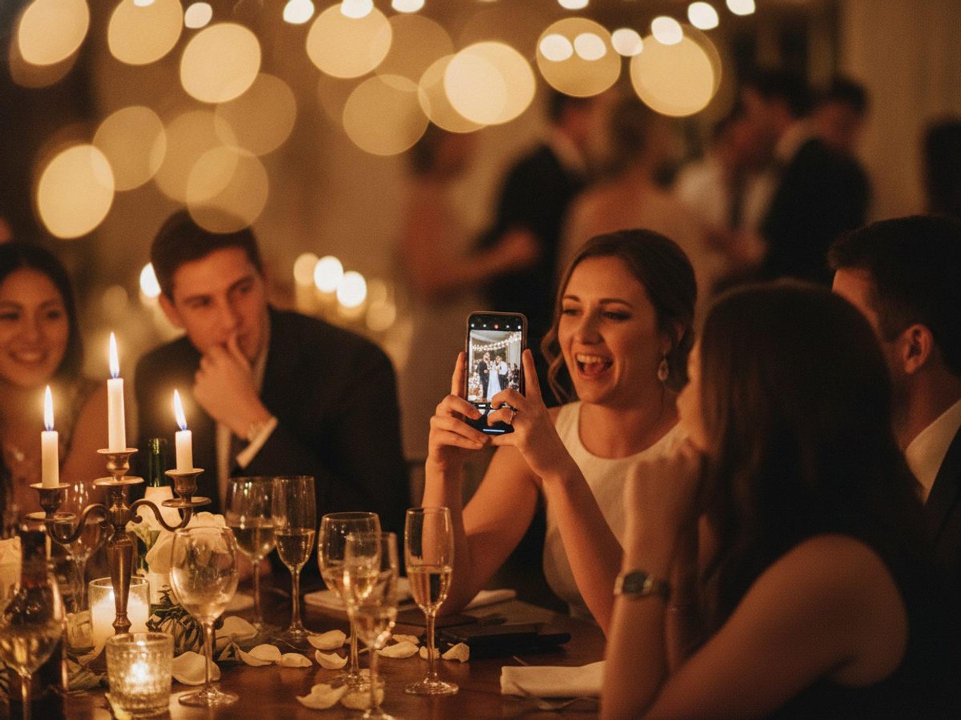 A wedding guest at a candlelit table photographing the first dance on her phone