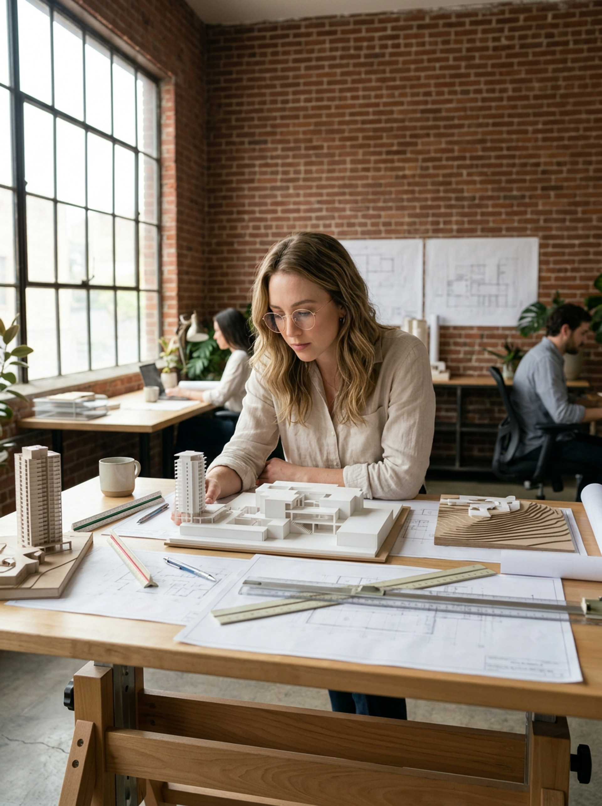 Olivia in her element at the Taylor Architecture studio, leaning over a drafting table