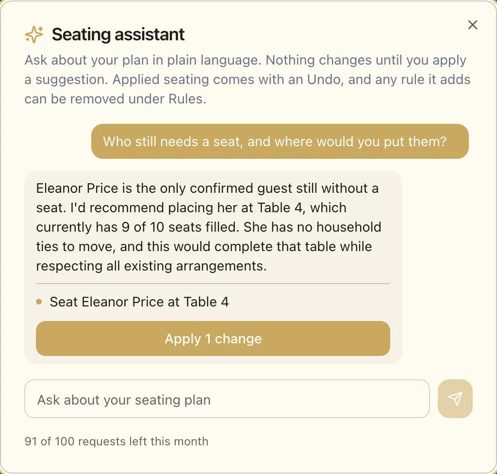 The seating assistant answering who still needs a seat and proposing the change, with an Apply button.