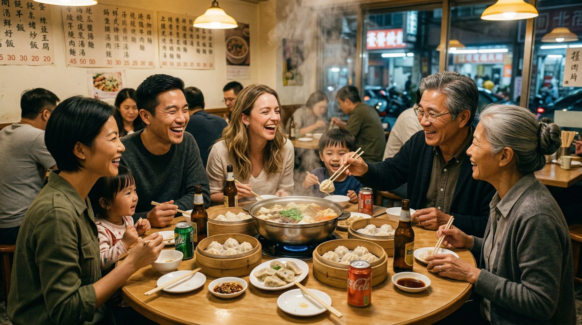 First trip to Taipei to meet the Chen family, a round dining table laden with dumplings and hotpot