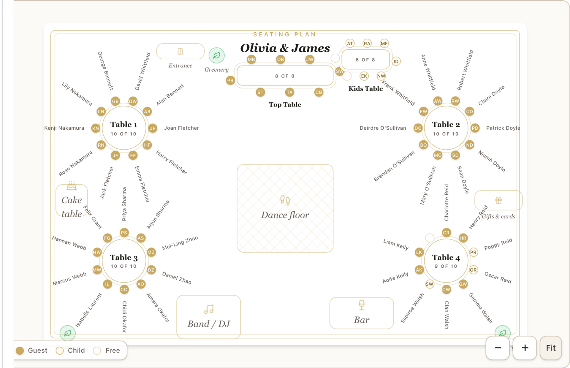 The Fizz seating planner floor plan: tables around a parquet dance floor with greenery, an entrance and a band area, chairs filled with seated guests' initials