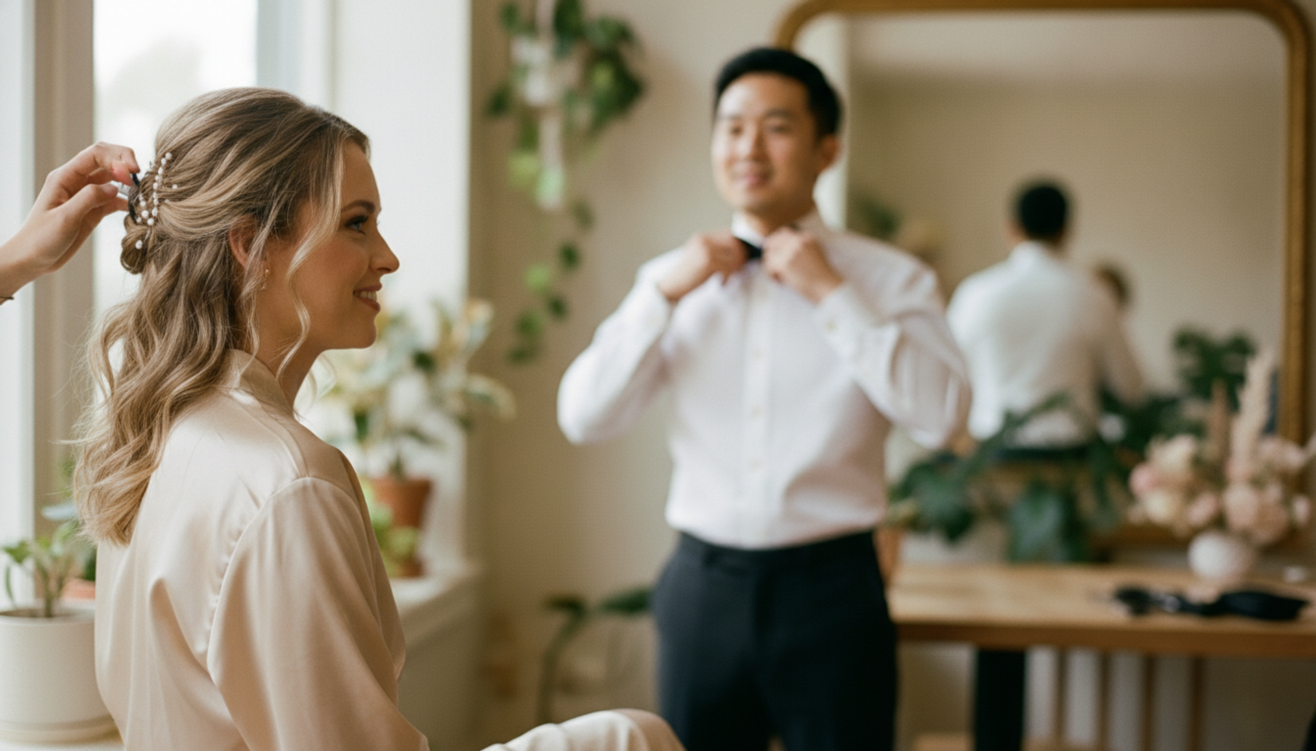 Getting-ready morning — Olivia having her hair pinned, James fixing his tie