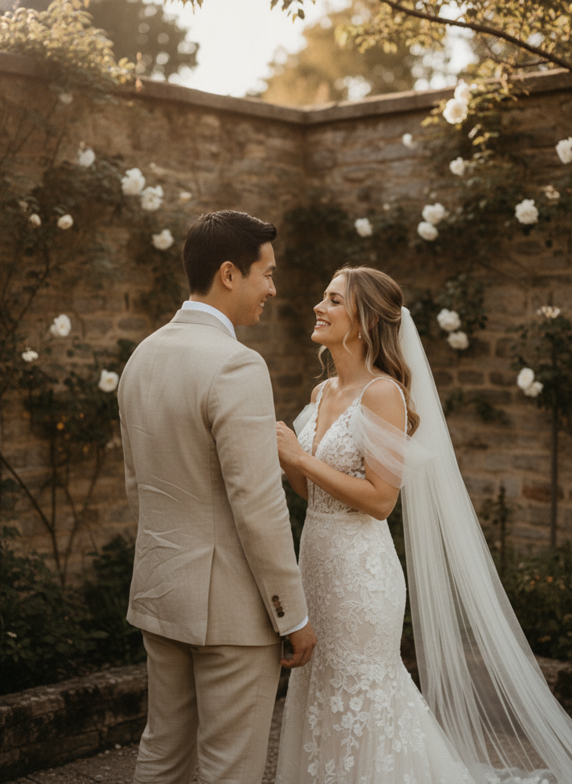 Olivia and James share a private first look in a walled garden before the ceremony