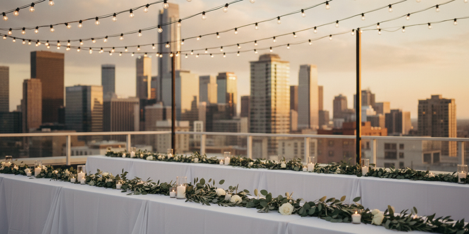 Rooftop wedding reception overlooking a city skyline at golden hour