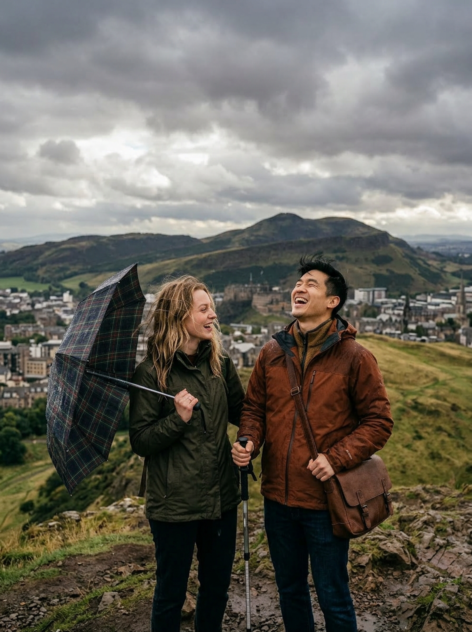 Olivia and James mid-hike at the summit of Arthurs Seat, Edinburgh, dramatic cloudy sky
