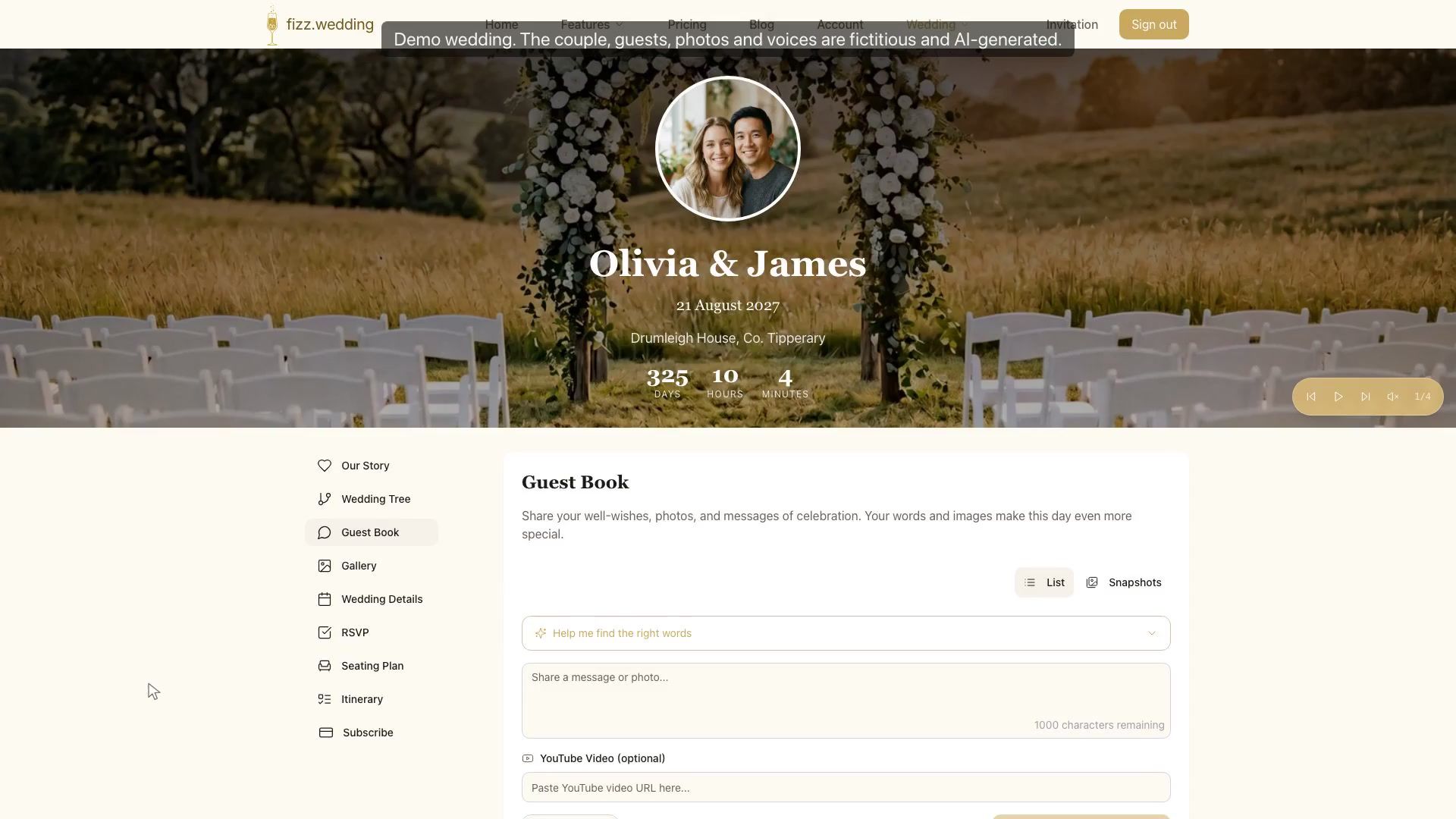 Olivia and James's Fizz wedding website, from the tour