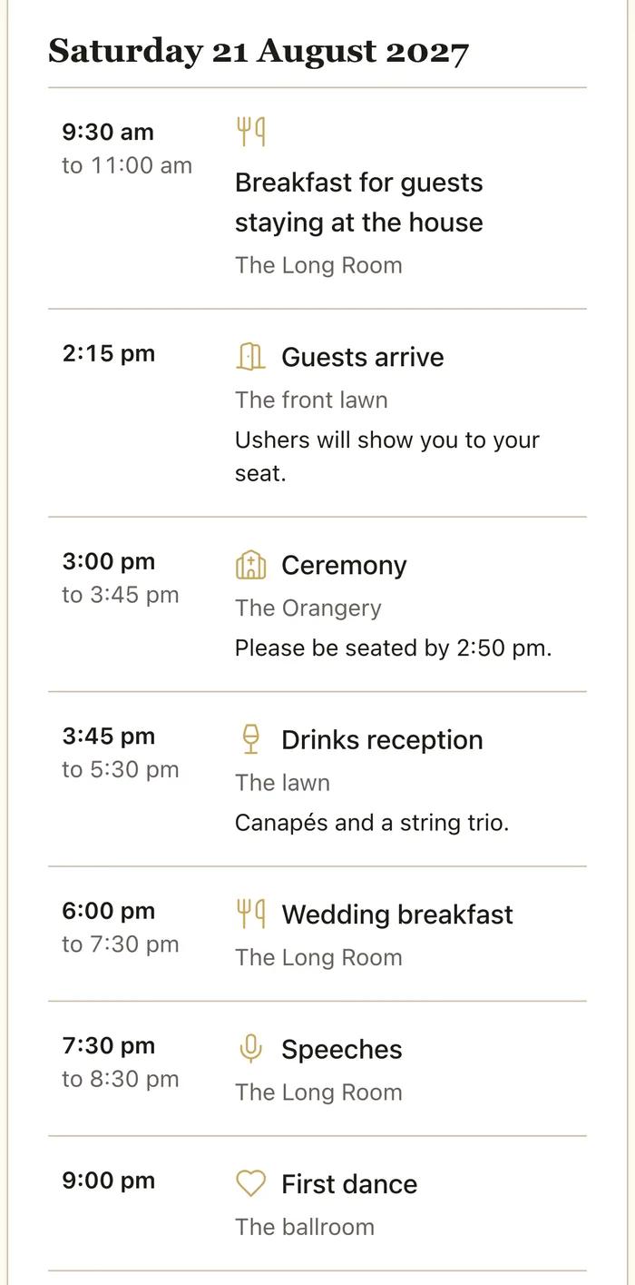 The wedding day itinerary on a guest's phone for Saturday 21 August 2027: breakfast, guests arrive at 2:15 pm, the ceremony in the Orangery at 3:00, drinks on the lawn, the wedding breakfast, speeches and the first dance, each with a small gold icon.