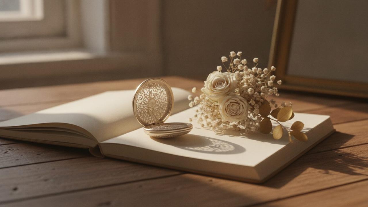 A handwritten wedding day schedule and pocket watch resting on a table beside pressed flowers in warm natural light