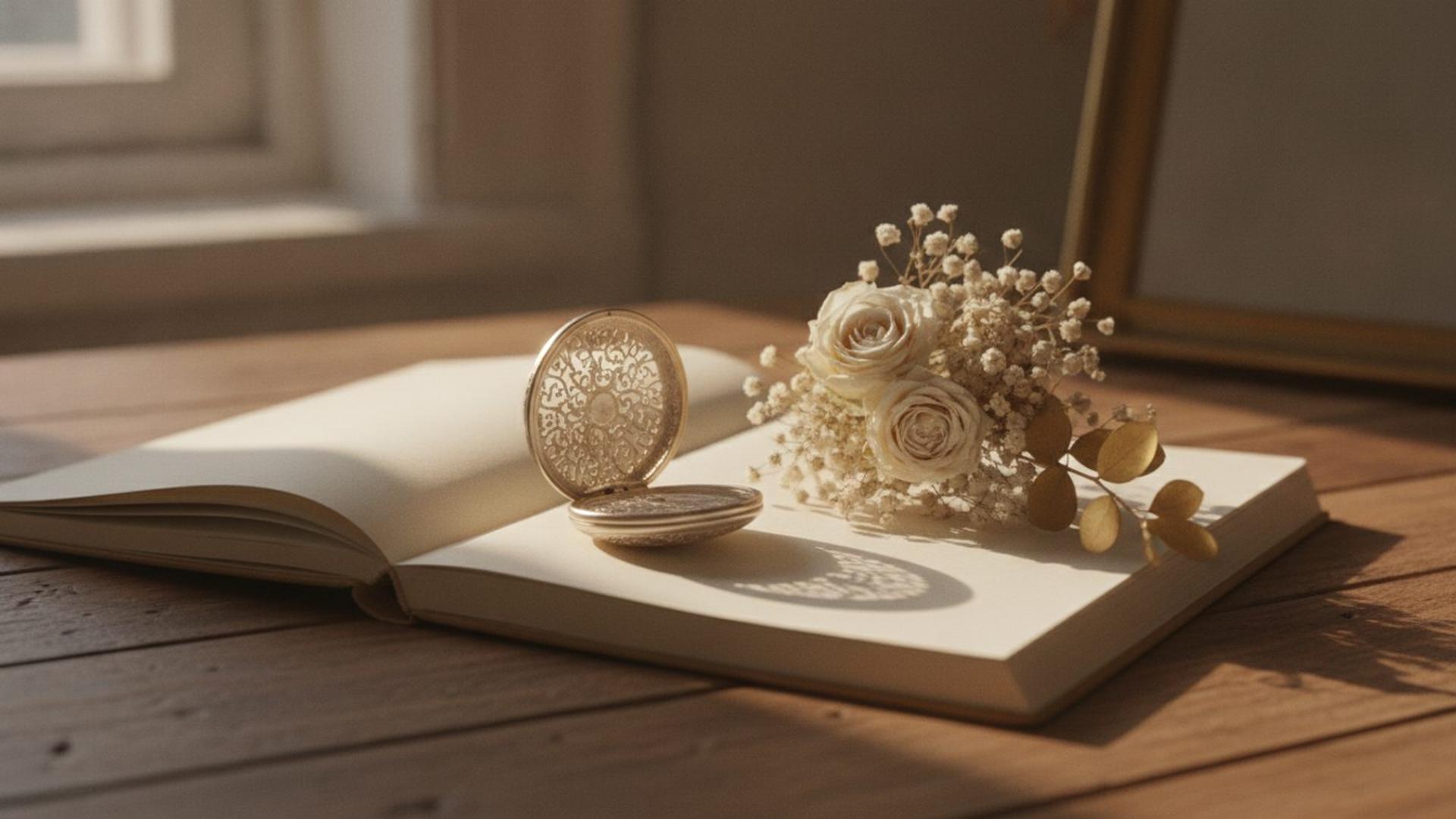 A handwritten wedding day schedule and pocket watch resting on a table beside pressed flowers in warm natural light