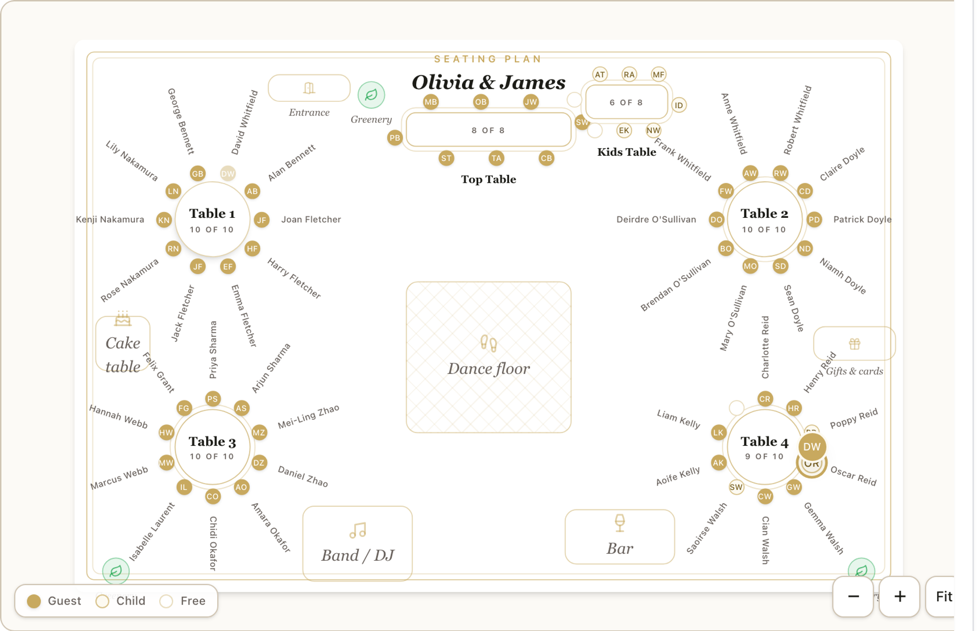 Dragging a guest's chair dot across the floor plan, with the target chair highlighted on another table