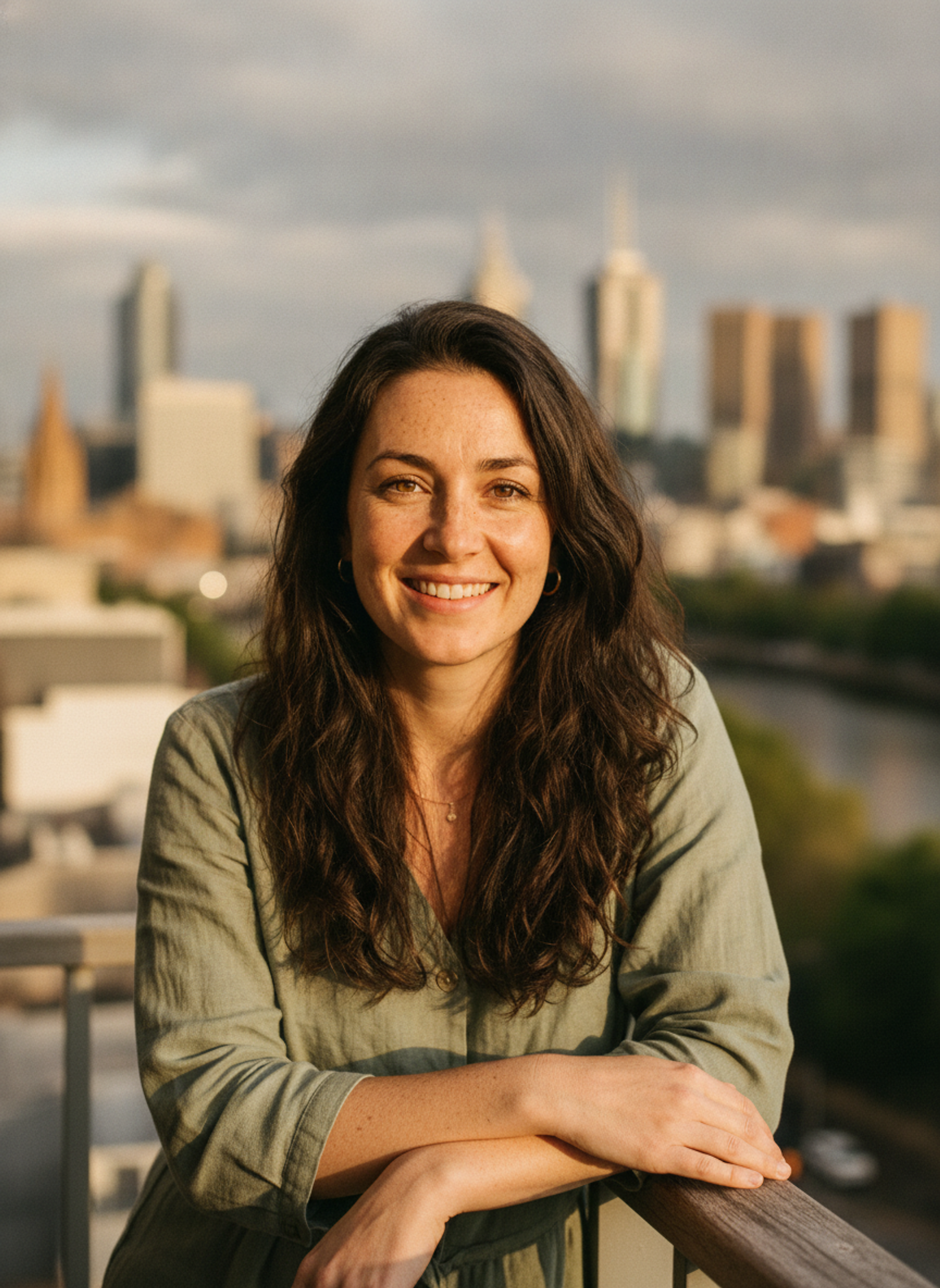 Rachel on a Melbourne balcony at golden hour, city skyline behind