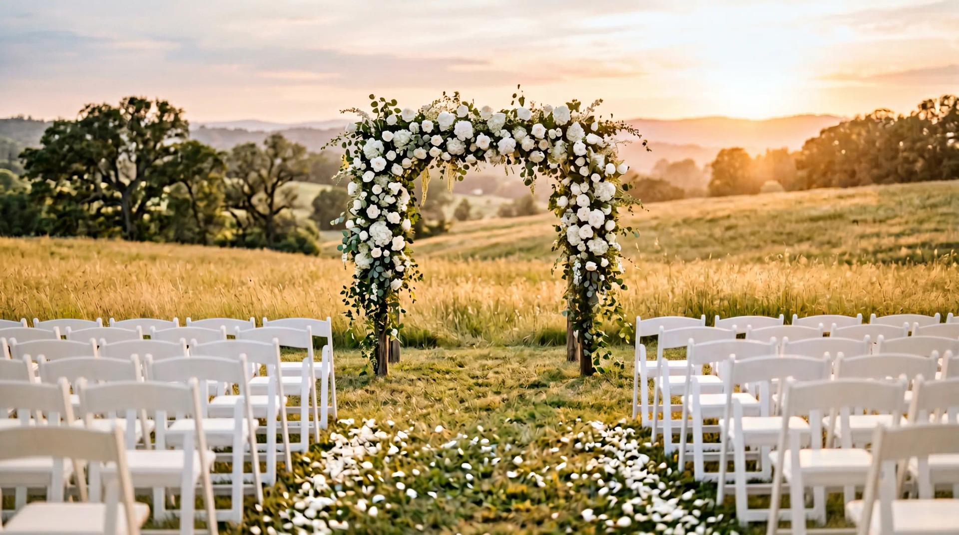 Wedding arch covered in white roses and foliage in a sunlit meadow at golden hour
