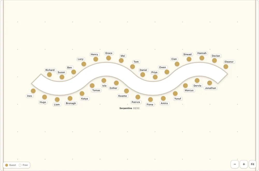The seating planner showing a serpentine table, a long wave of table curving one way then the other, with 32 guests seated along both edges and named.