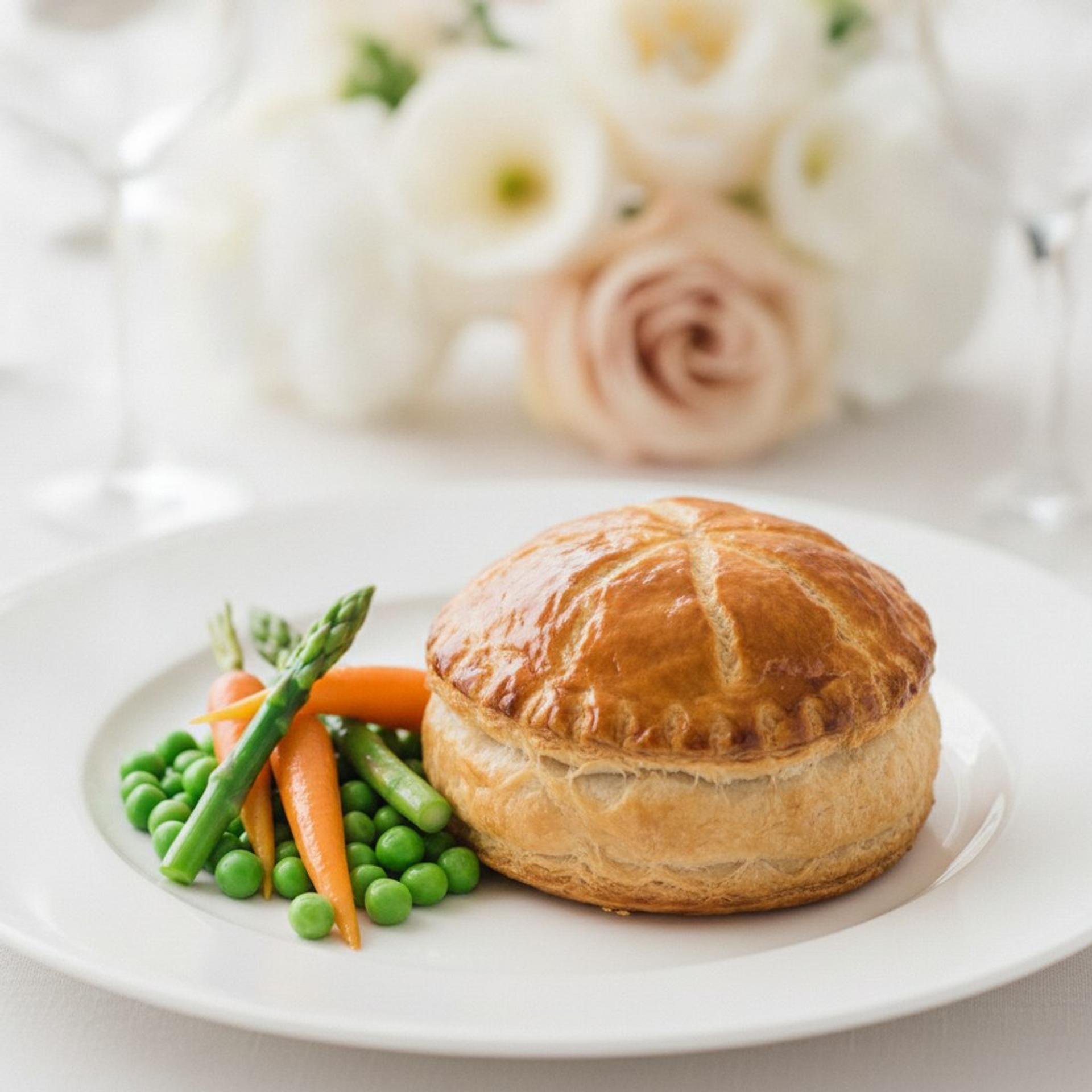 An individual golden wild mushroom and chestnut wellington with asparagus, peas and baby carrots on white china