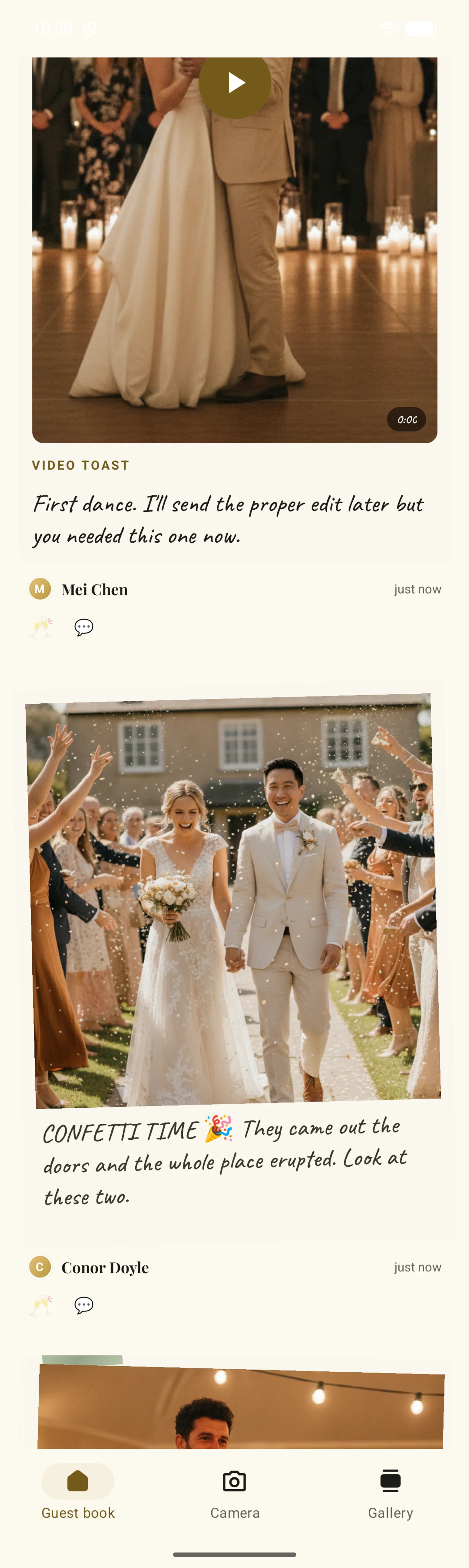 A video toast playing in the Fizz companion app guest book, with the live feed scrolling on below