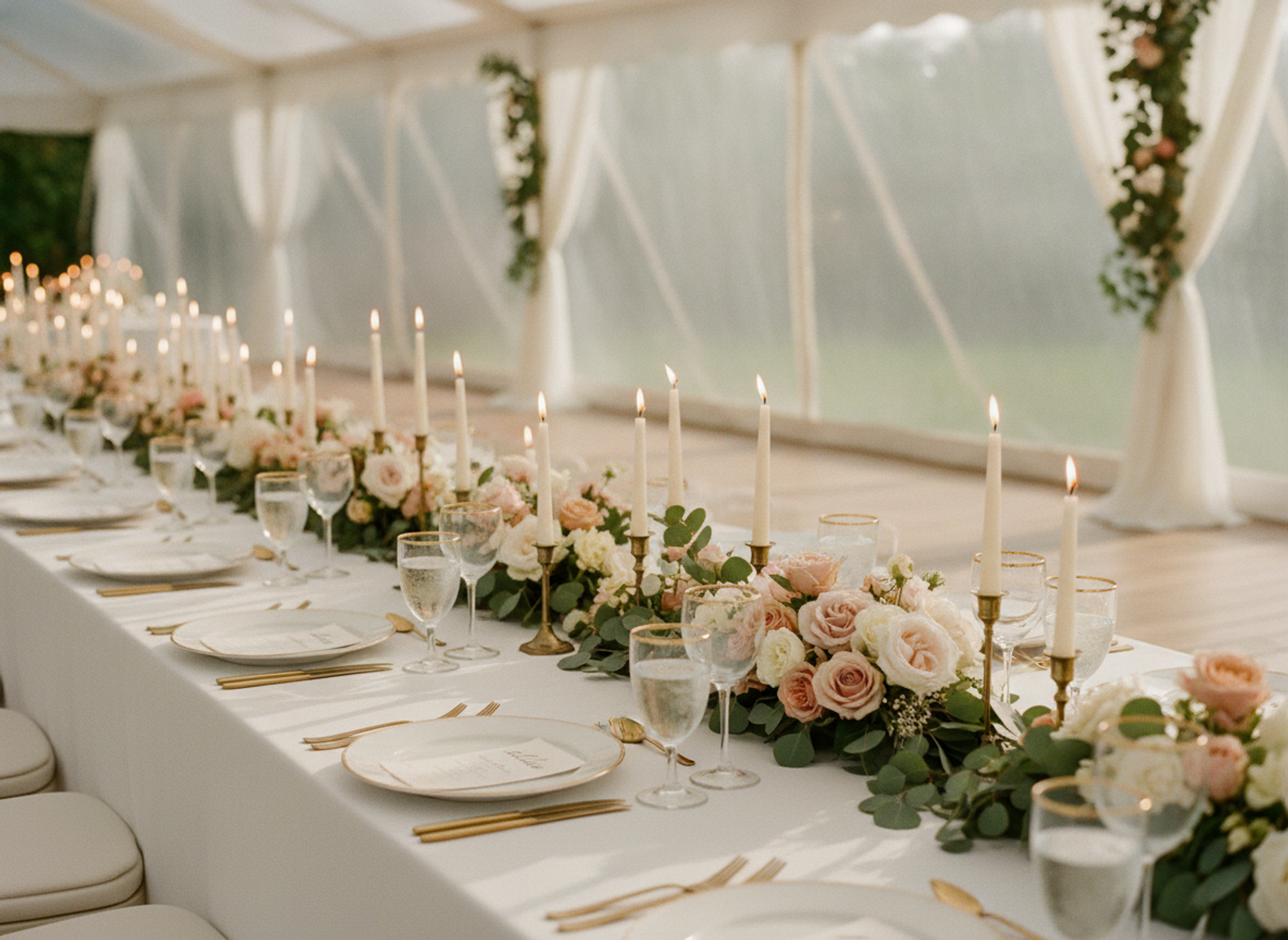 The reception table set for the wedding breakfast — candles, garden roses and gold place settings in the marquee