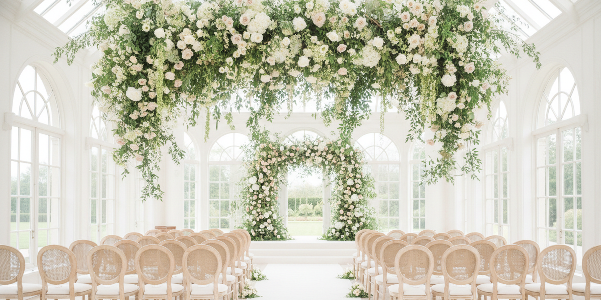 Suspended floral installation over a bright glasshouse wedding ceremony aisle