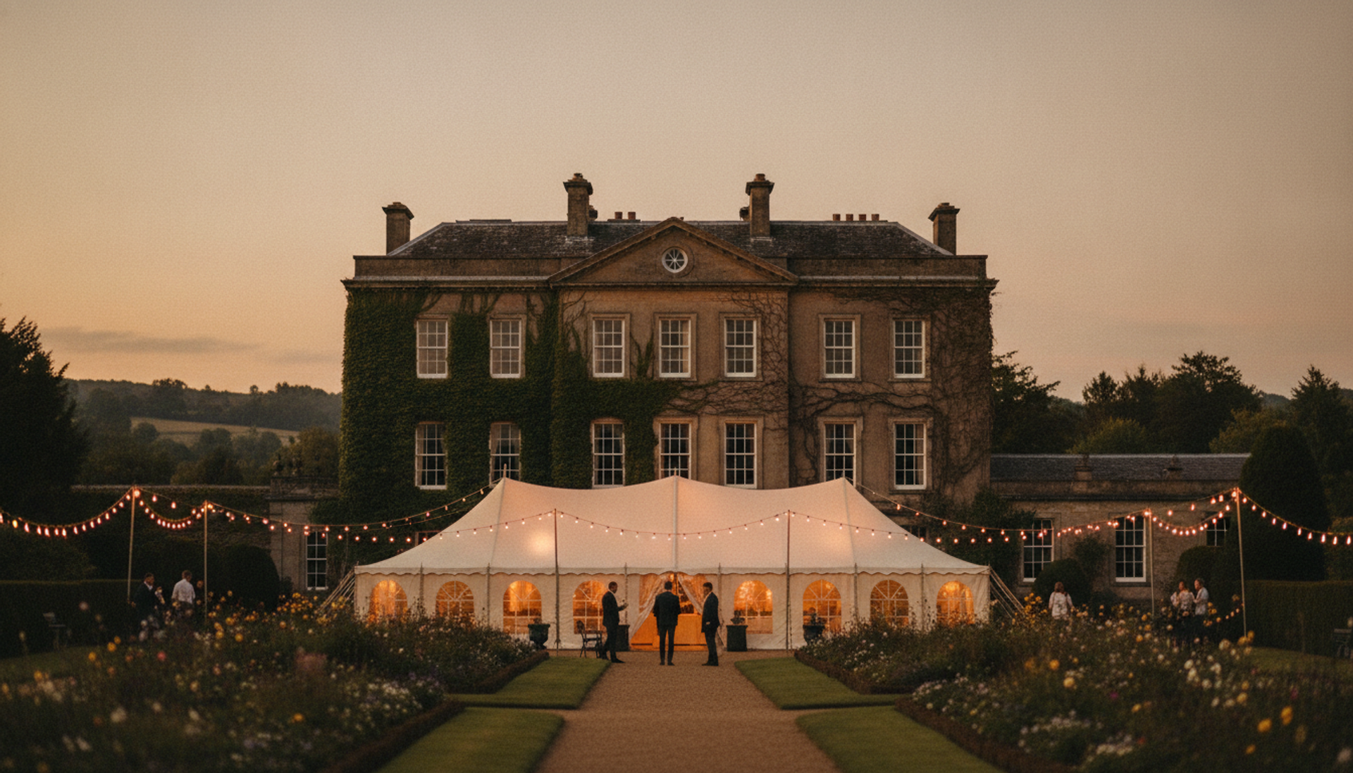 Drumleigh House at golden hour, the marquee glowing under festoon lights