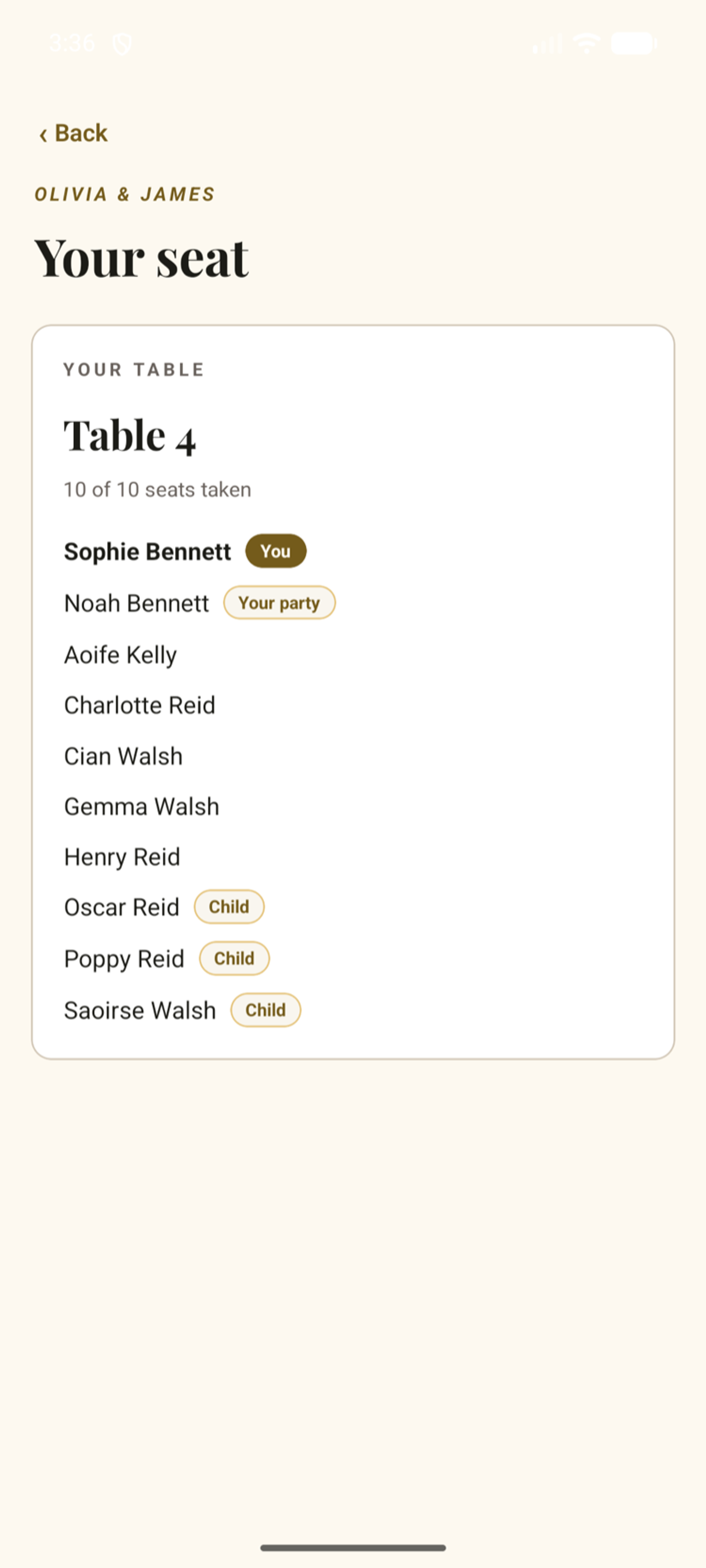 The Fizz companion app showing a guest's table on the day, with the guest and their plus-one marked and every tablemate listed