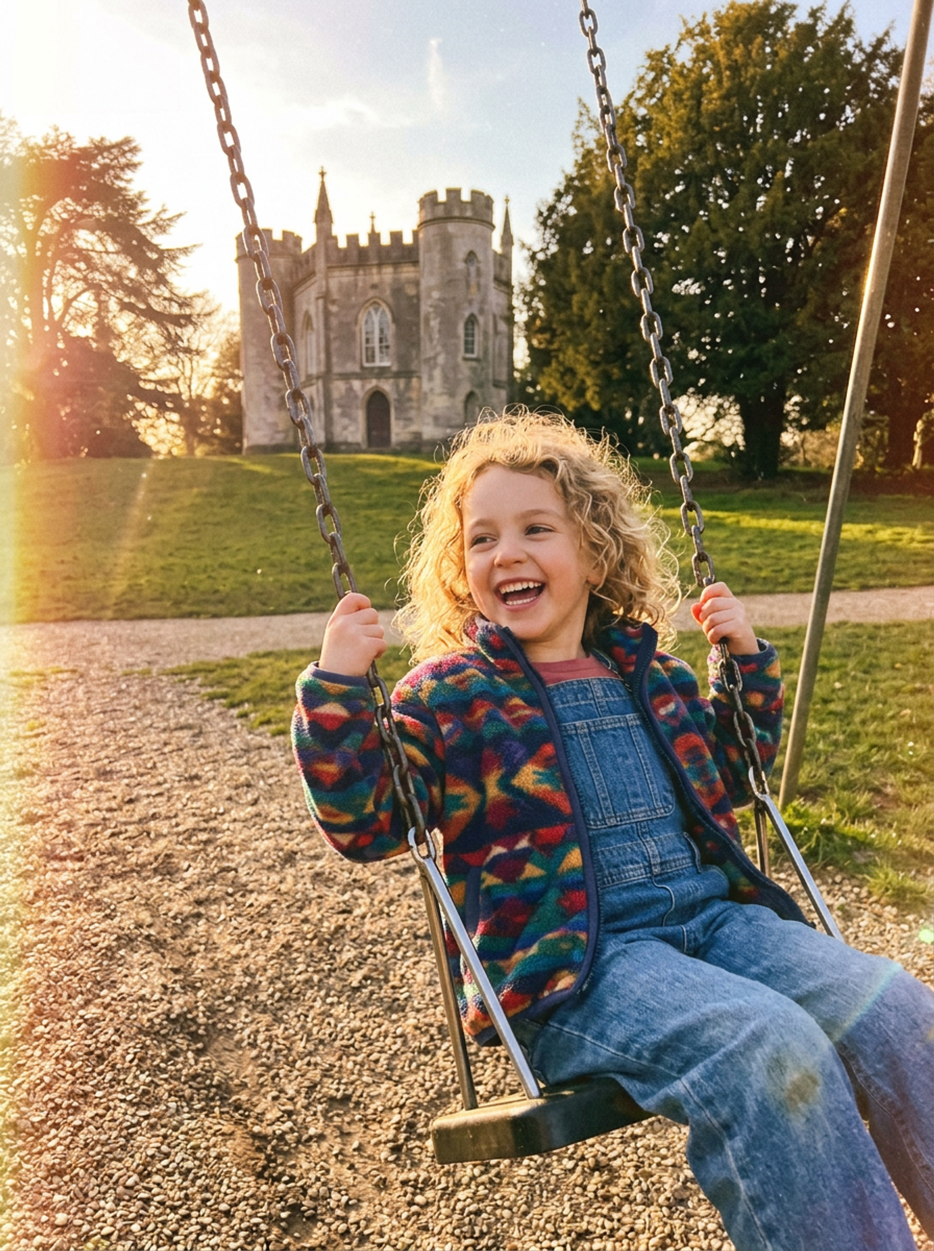 Old film-photo feel of five-year-old Olivia on a swing at Blaise Castle Estate, late 90s