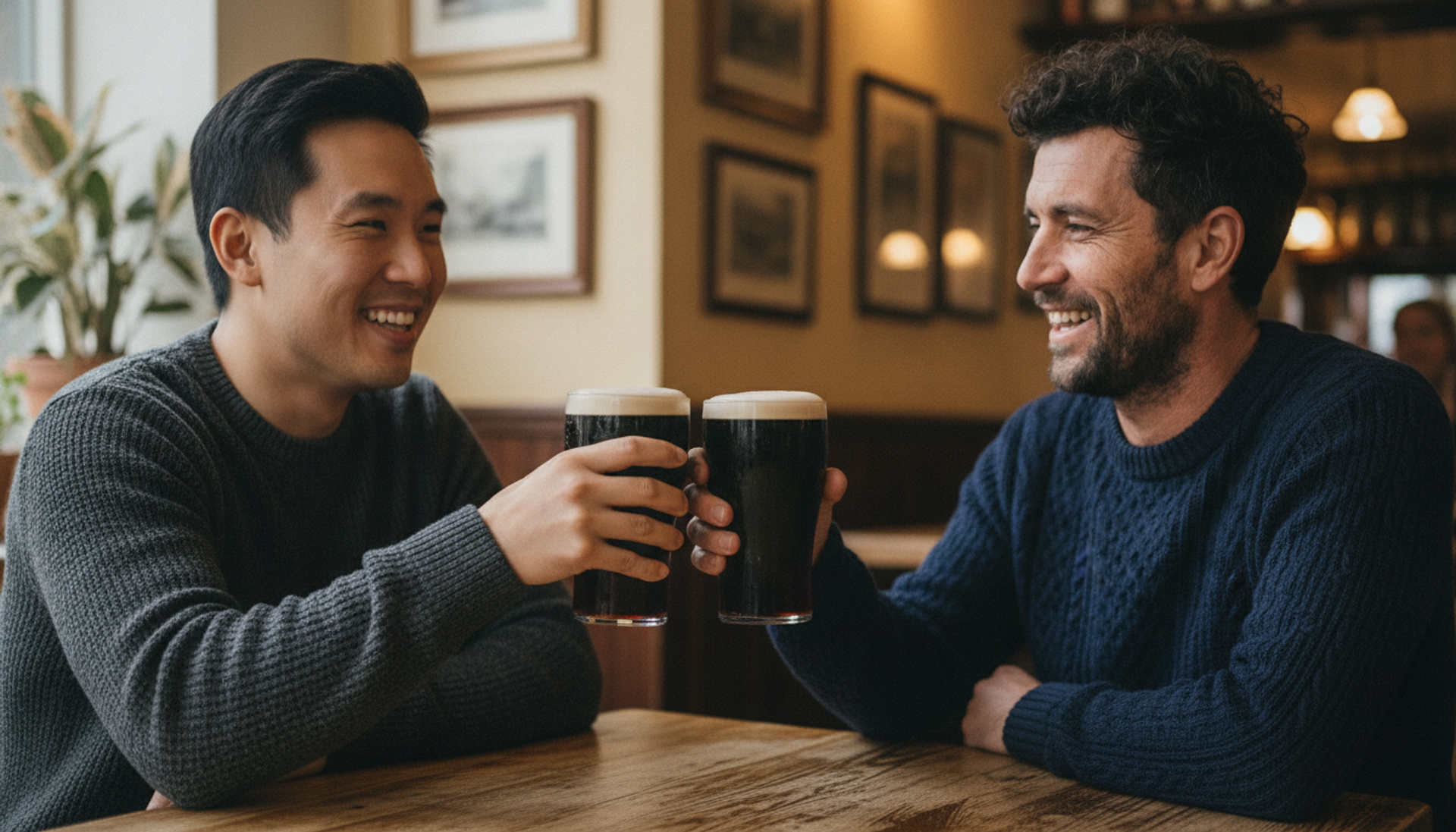 James and Finn clinking pints of stout across a Dublin pub table