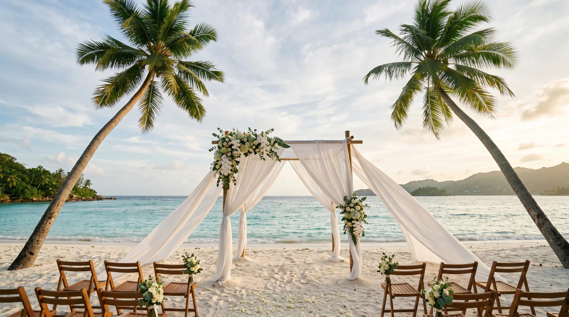 White fabric wedding arch on a tropical beach with palm trees and turquoise sea