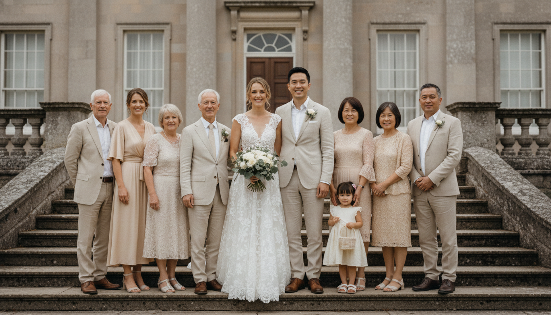 Olivia and James with both families in a formal portrait on the steps of Drumleigh House