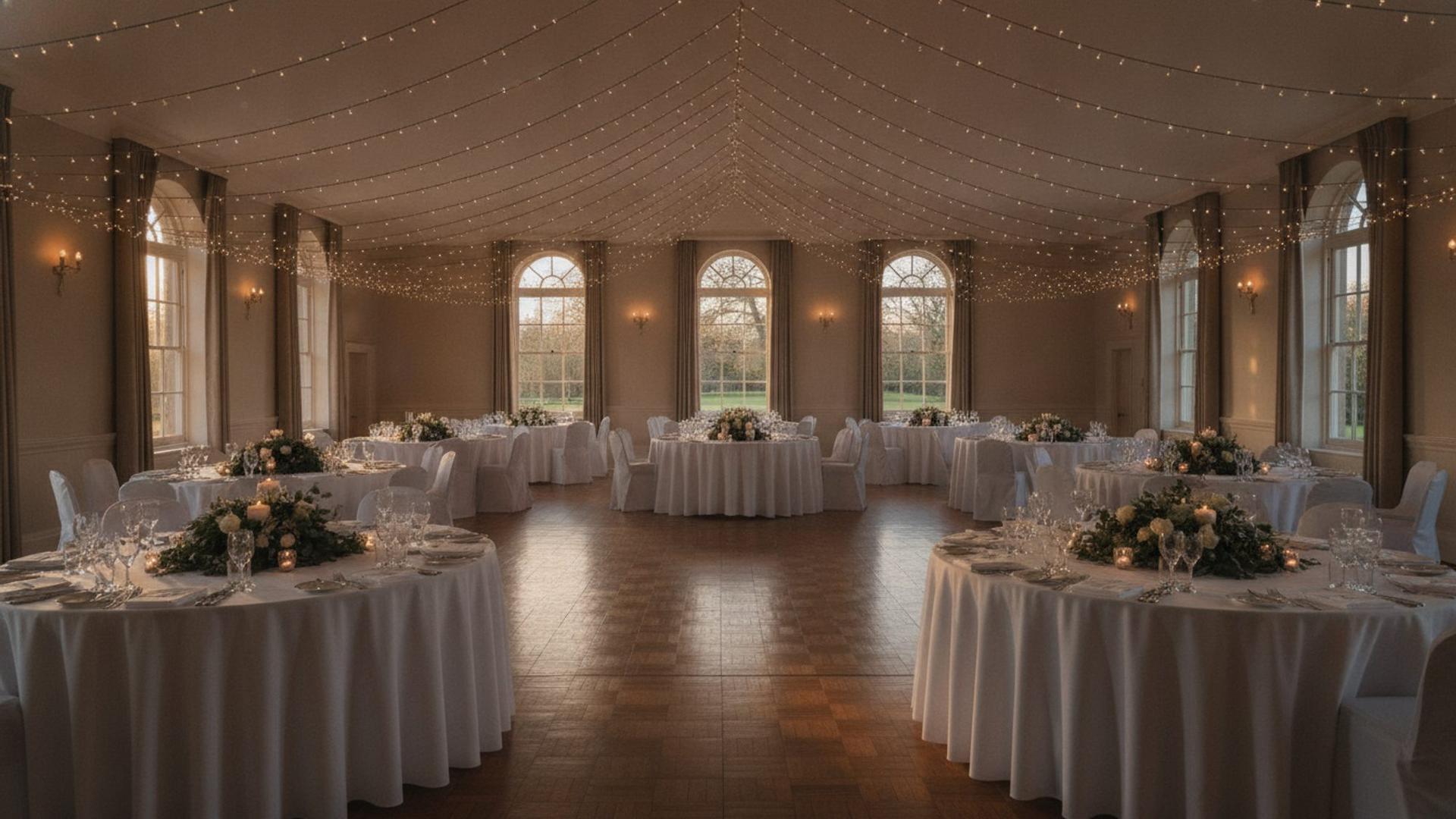 A wedding venue ballroom dressed for a reception: round tables, white linen and festoon lights waiting for guests
