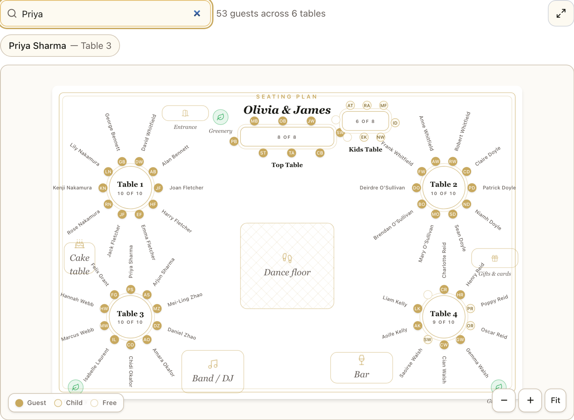 The guest-facing seating plan: searching a name shows the guest's table and highlights it on the floor plan