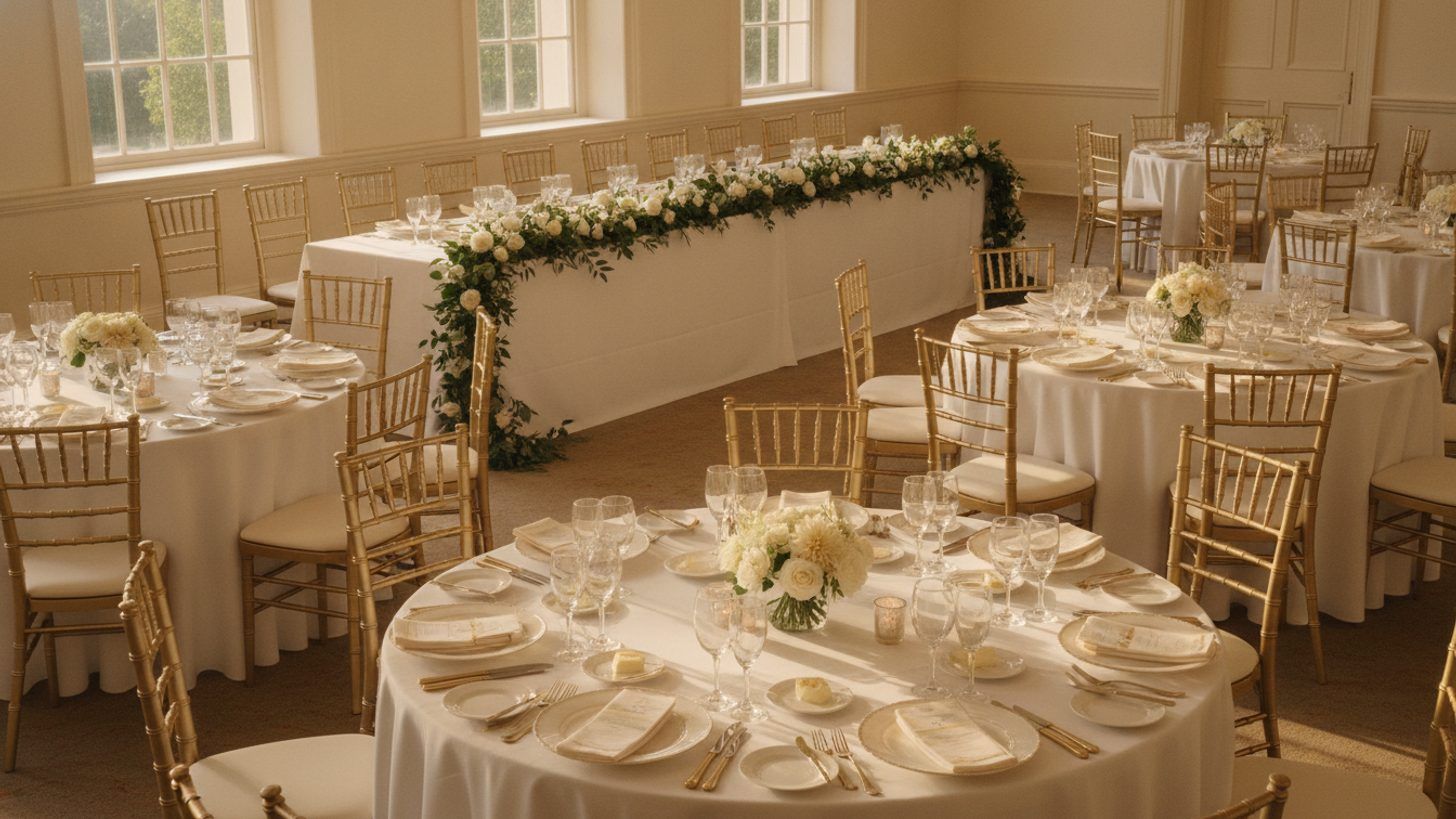 A wedding reception room set for dinner, with a long top table dressed in cream linen, white flowers and gold candelabra, facing round guest tables with gold chairs