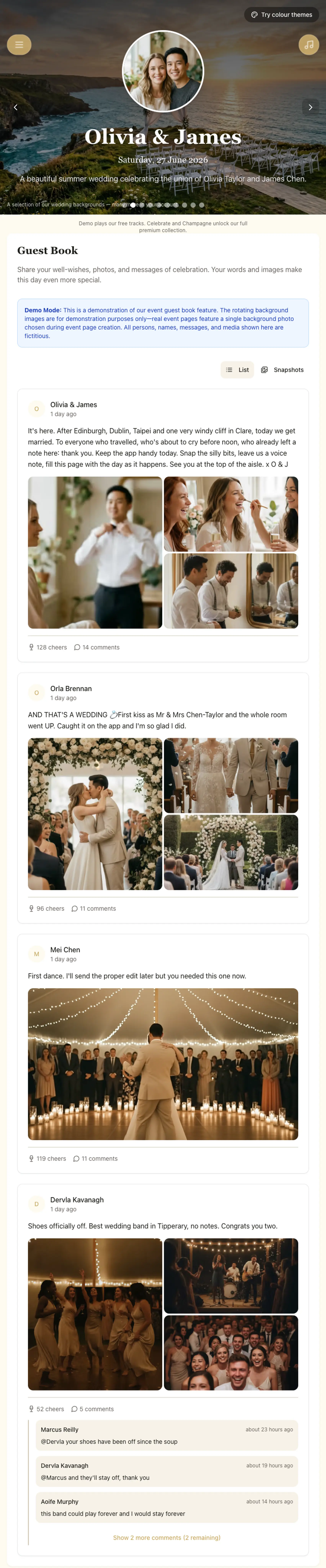 Screenshot of a Fizz wedding page on a phone: getting ready, the first kiss, the first dance and the after-party