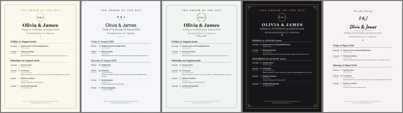 Five printed orders of the day side by side, each headed The order of the day for Olivia and James: Signature in cream and gold, Modern Minimal in white and navy, Botanical in sage green, Art Deco in black and gold and Handwritten in blush pink.