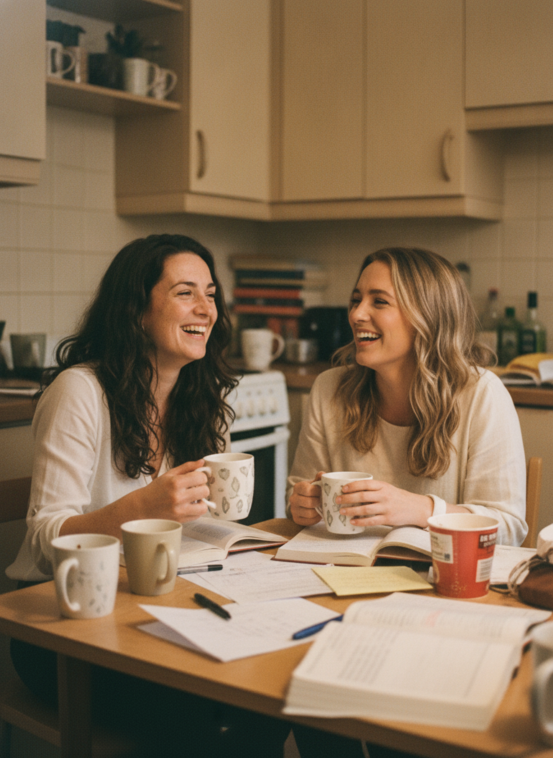 Olivia and Rachel as students in a cramped Edinburgh flat kitchen, laughing