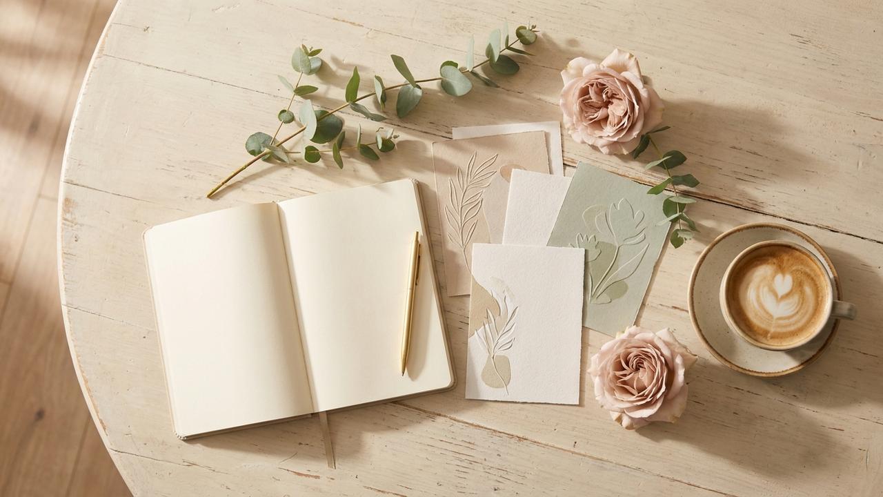 An overhead flat lay of wedding planning items: a notebook and pen, invitation cards, greenery and soft flowers on a pale table