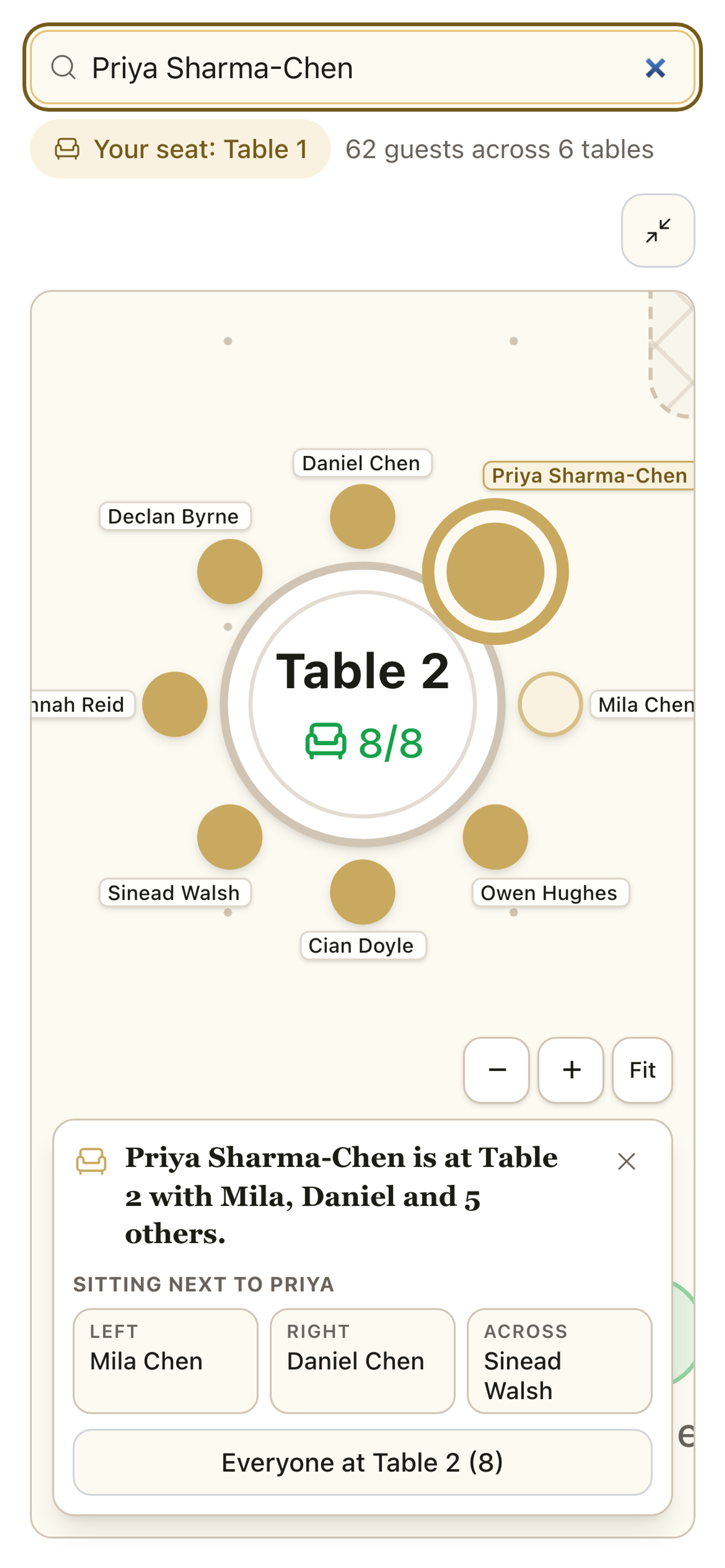 A guest's phone with Priya Sharma-Chen typed into the Find your seat search box, the plan zoomed to Table 2 with her chair highlighted, and a card reading Priya Sharma-Chen is at Table 2 with Mila, Daniel and 5 others.
