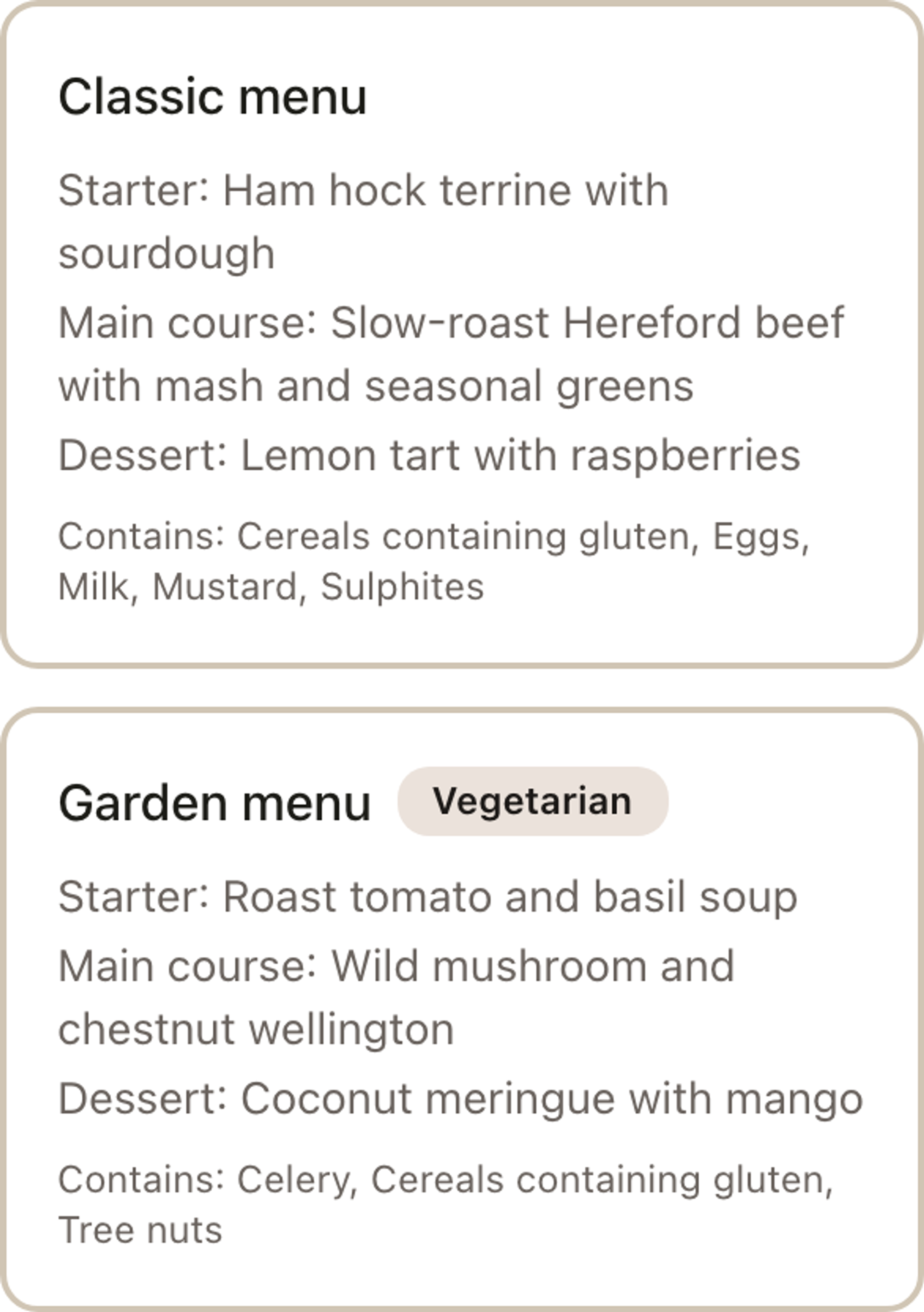 A guest's RSVP form showing Choose your menu cards for Classic menu and Garden menu, with a Vegetarian badge and Contains lines