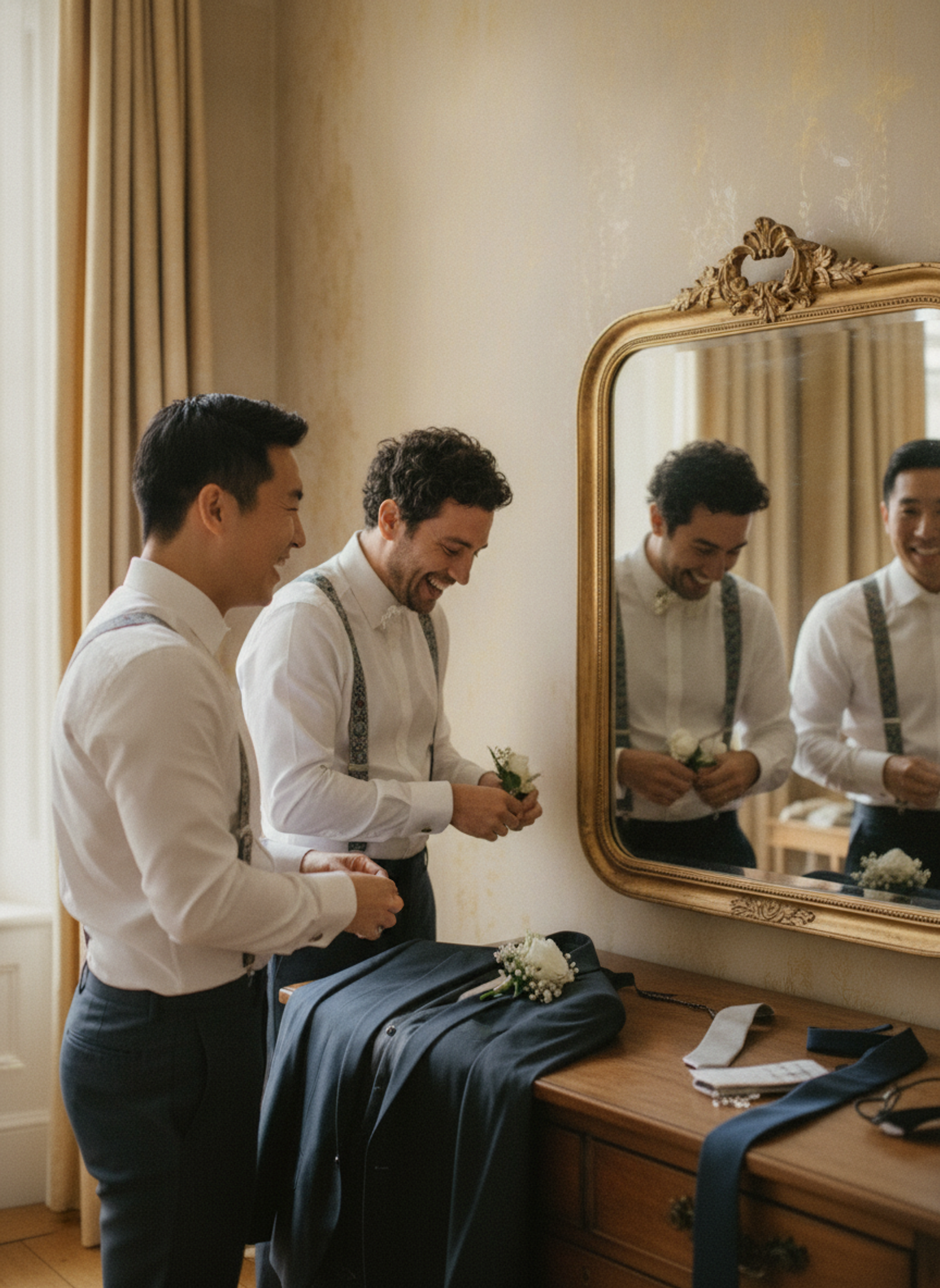 James and Finn in braces fixing their boutonnières at the mirror, laughing