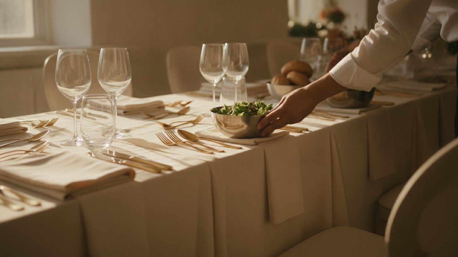 A server's hand setting a bowl of green salad on a long wedding table laid with cream linen, gold cutlery and wine glasses, in warm afternoon light
