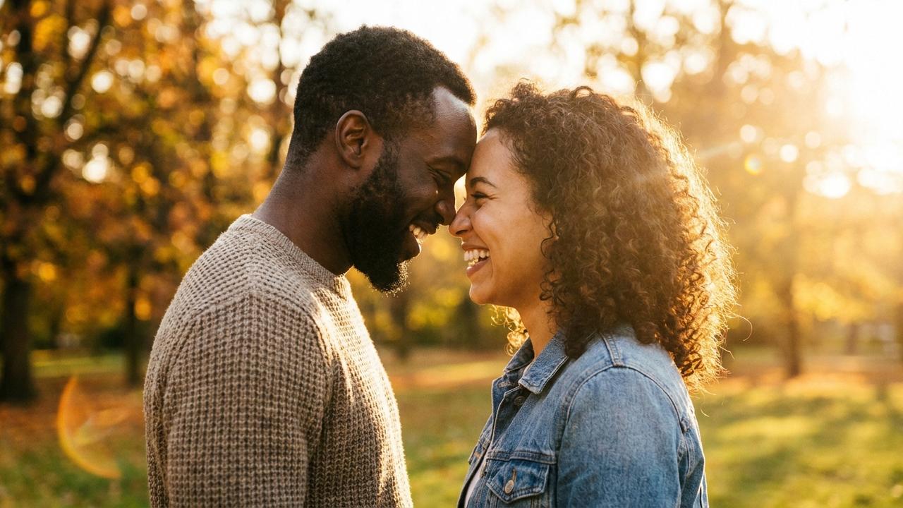 A diverse engaged couple laughing together outdoors at golden hour, foreheads close, sharing their story