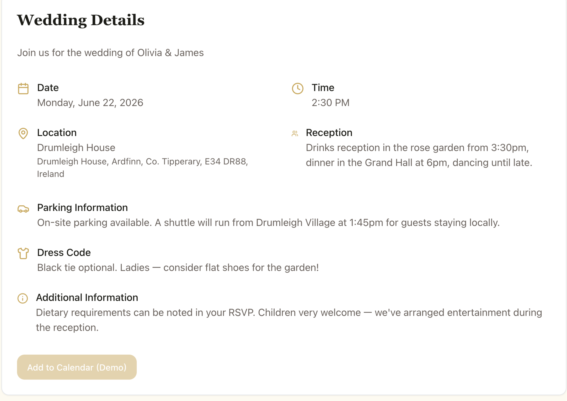 A Wedding Details card: date, time, venue name and address, reception plan, parking information, dress code and an add-to-calendar button